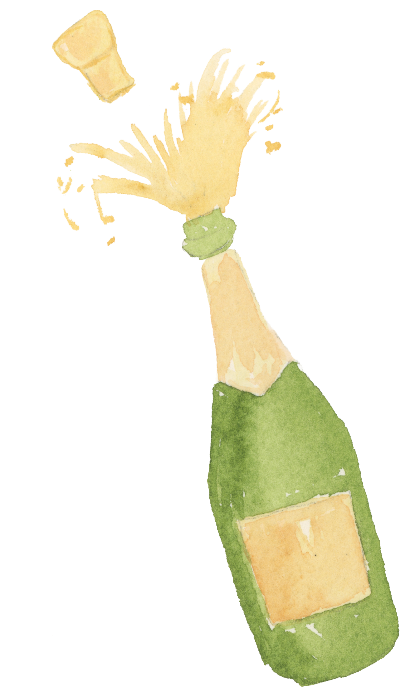 watercolor illustration of a bottle of champagne popping