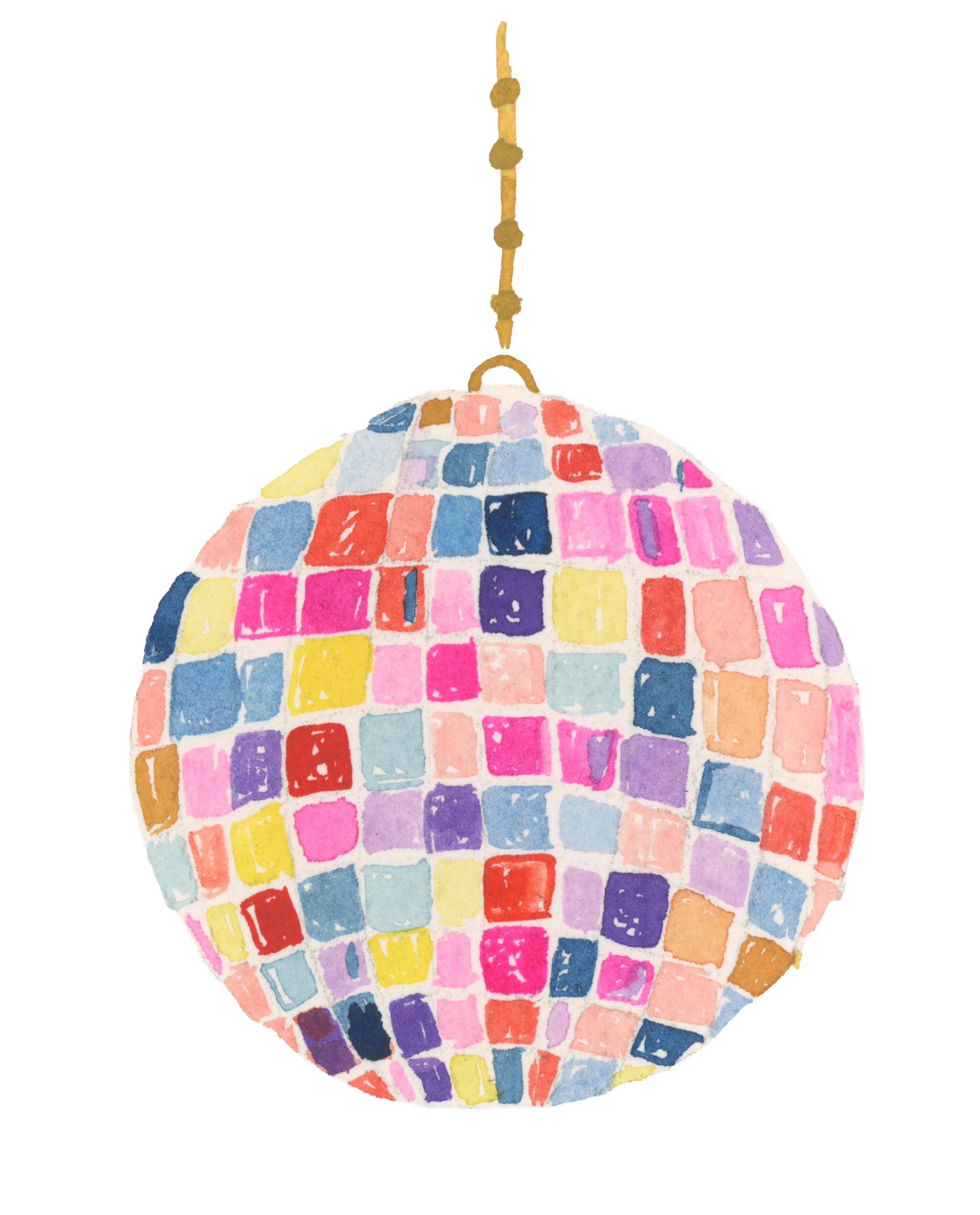 Watercolor hanging disco ball in shades of pink, blue, orange, and yellow