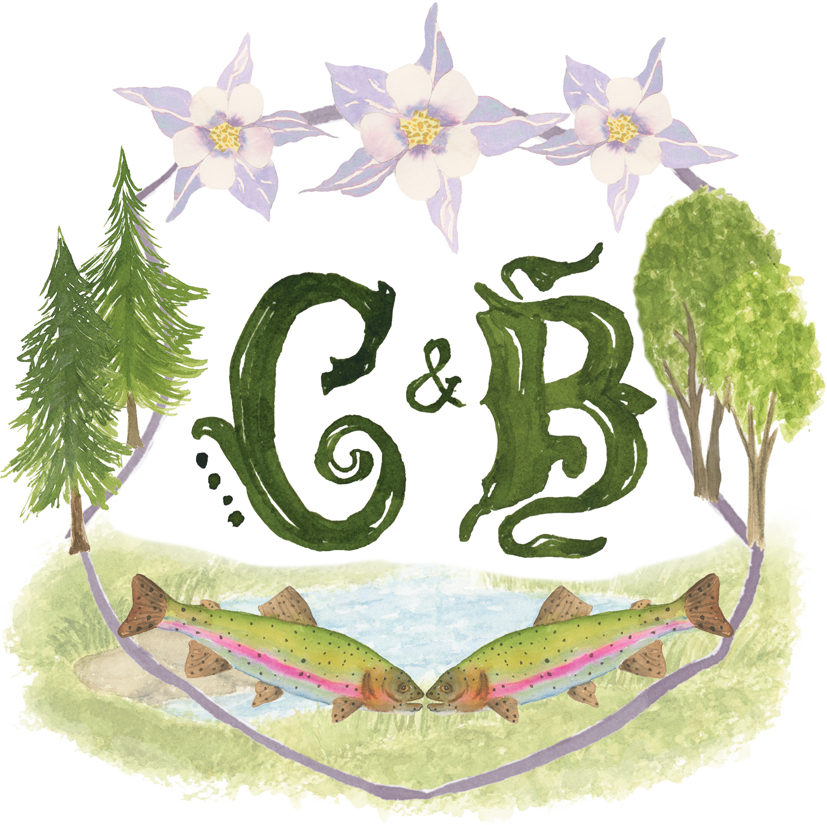 Colorful custom wedding crest with mountain scenery, trout fish, and Colorado wildflowers