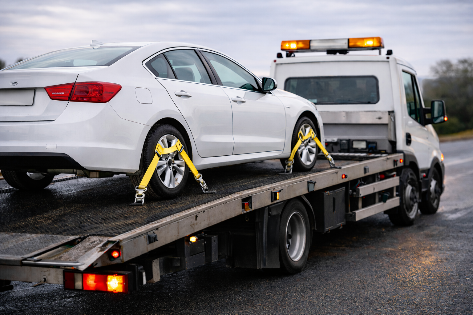 A white sedan is being loaded onto a flatbed tow truck; the car is secured with yellow straps on the incline of the truck, on a rainy day.