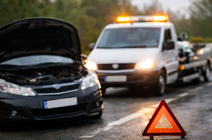 A vehicle safety warning triangle in front of a car involved in a minor accident, with a tow truck approaching on a wet road near trees.