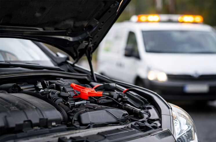 Car with open hood and jumper cables attached, with an emergency vehicle with flashing lights in the background.