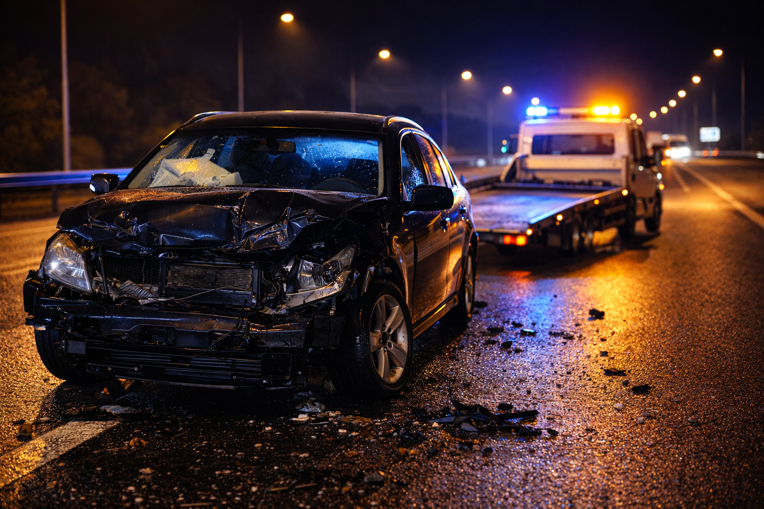 Wrecked black car with crushed front end on a wet road at night, with a tow truck in the background with flashing lights.