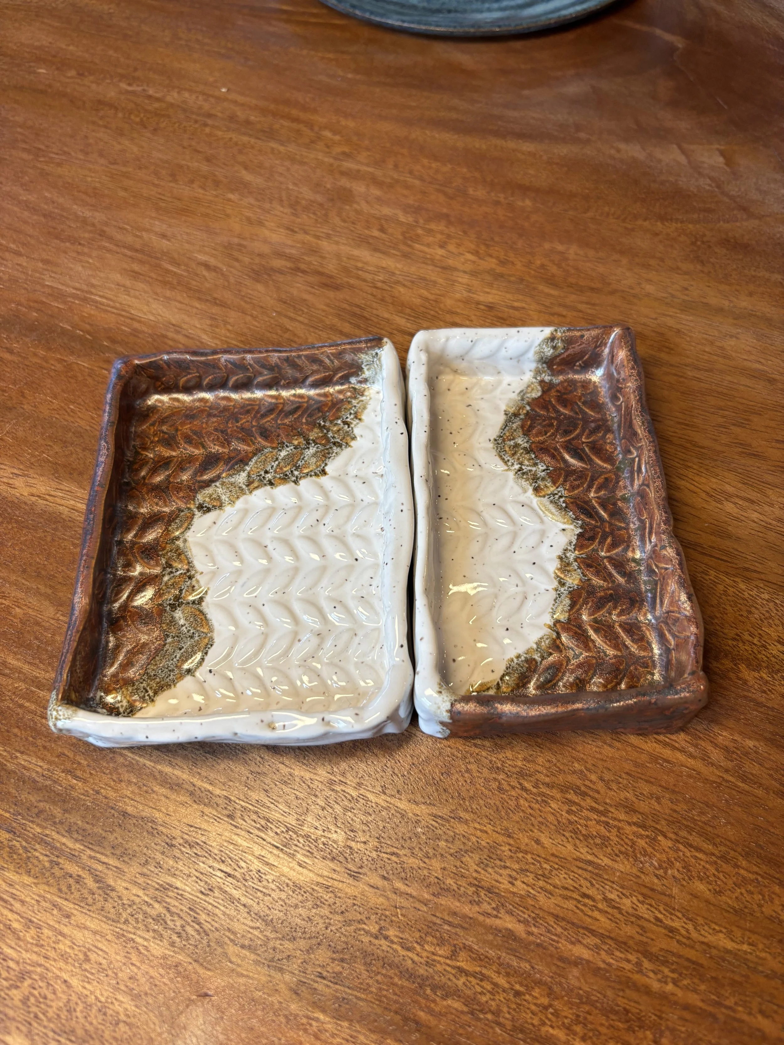 Duo of snowy copper trinket trays