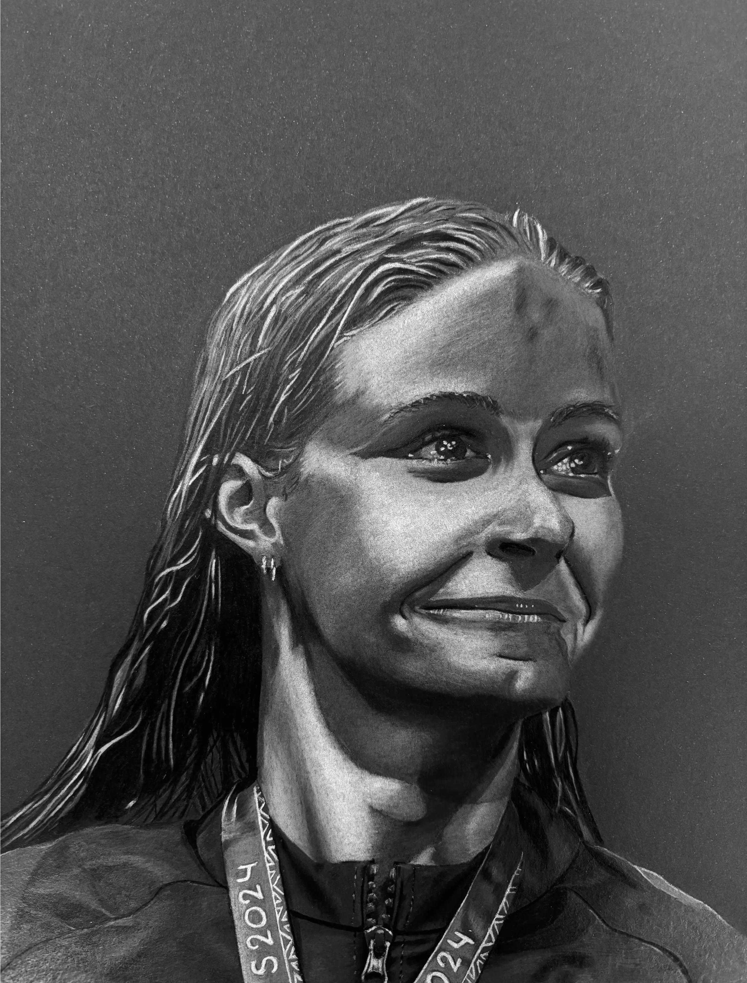 Katie Grimes
2025
Colored pencil
11 x 8.25 in
Portrait of Olympic swimmer Katie Grimes receiving her Olympic medal. Part of my senior year AP art and design portfolio. I decided to use colored pencil because I wanted to create a bright and colorful p