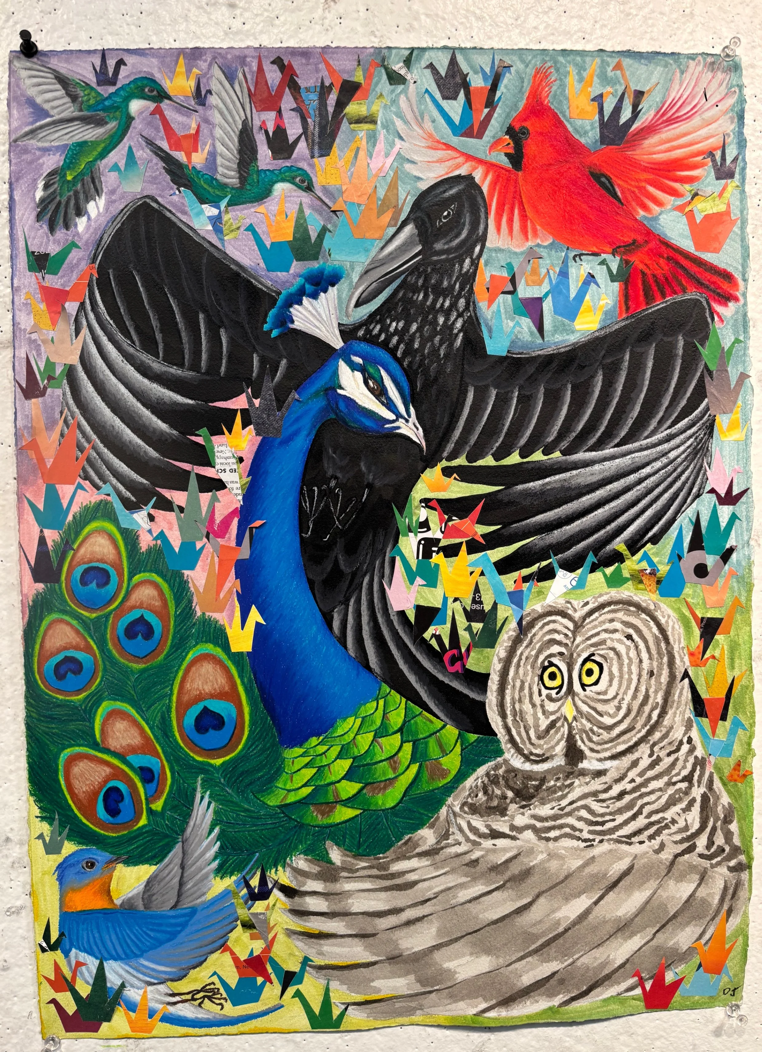 The Birds of Meaning
2025
Colored pencil, India ink, Alcohol marker, Collage
24 x 18 in
This piece depicts a collection of birds that carry meaning throughout different cultures. My inspiration for this piece began with a desire to draw wings and the