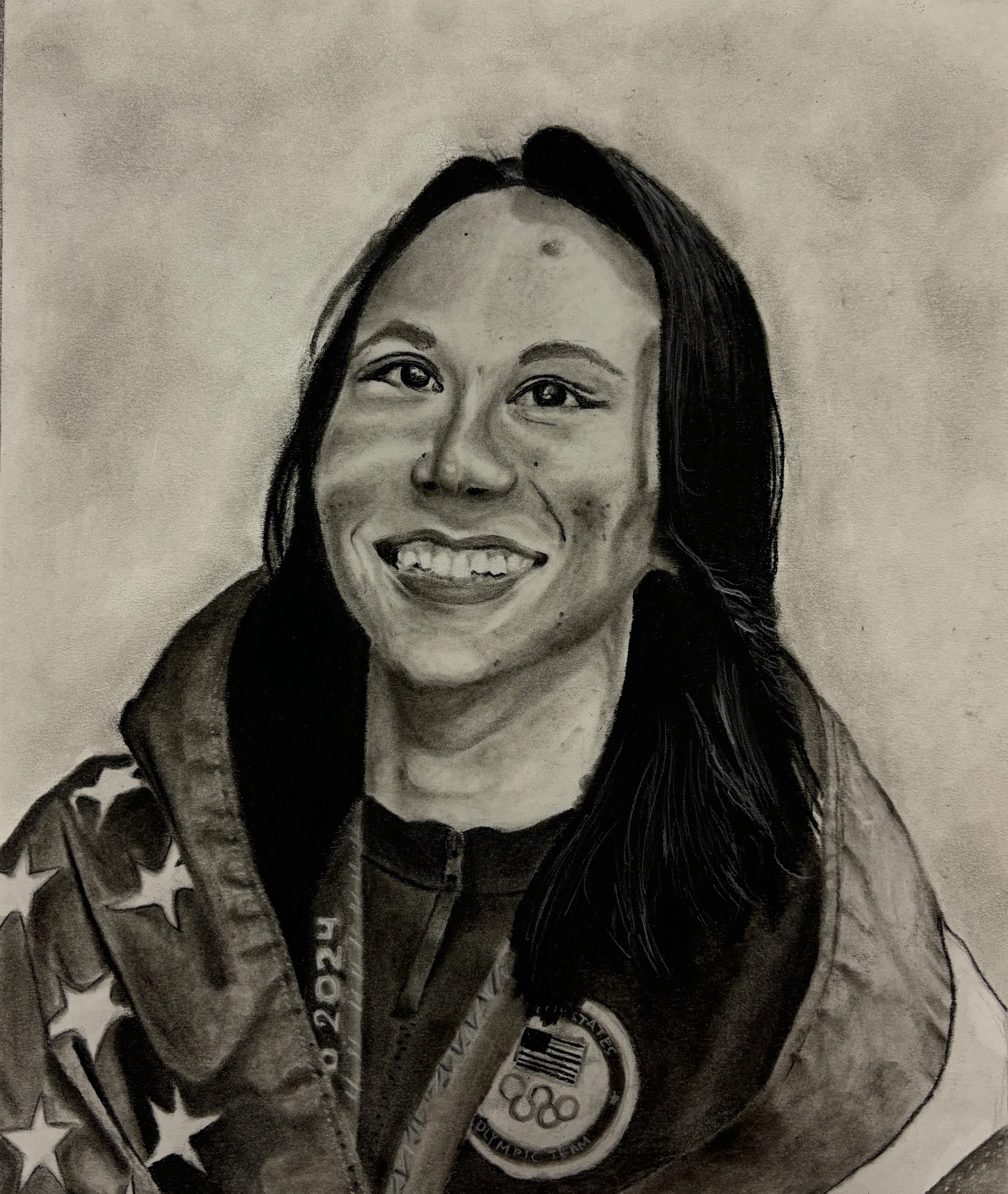 Torri Huske
2024
Charcoal
13 x 10.5 in
Portrait of Olympic swimmer Torri Huske after her race, drawn using a reference photo. Part of my senior year AP art and design portfolio. For this portrait, I sought to capture the happiness and accomplishment 