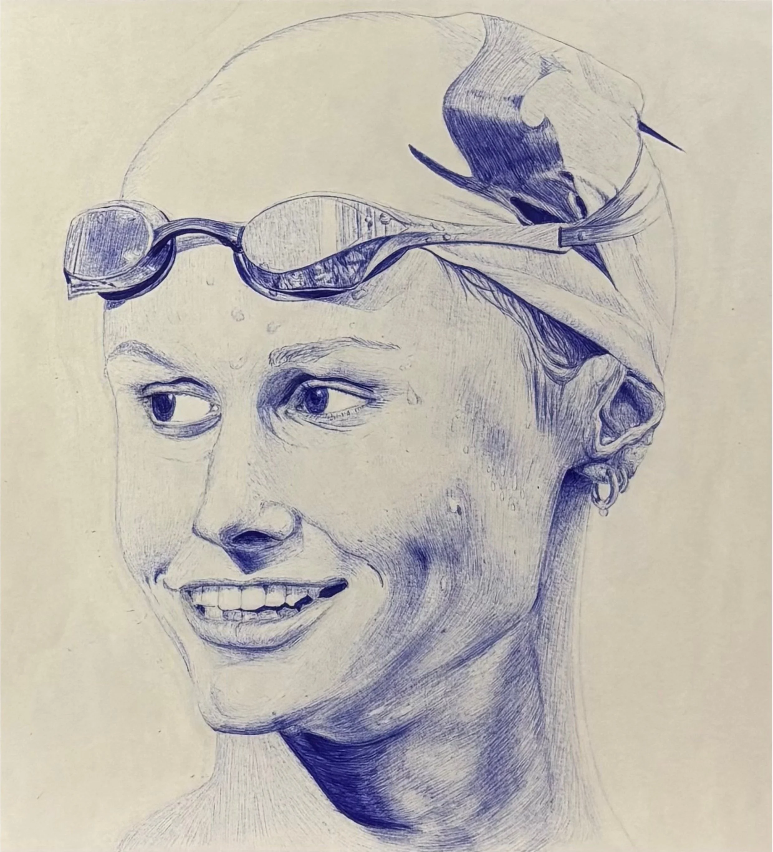 Summer Mcintosh
2025
Blue ballpoint pen
10 x 9 in
Portrait of Olympic swimmer Summer Mcintosh after her race, drawn using a reference photo. Part of my senior year AP art and design portfolio. I was drawn to the confident and calm happiness shown in 