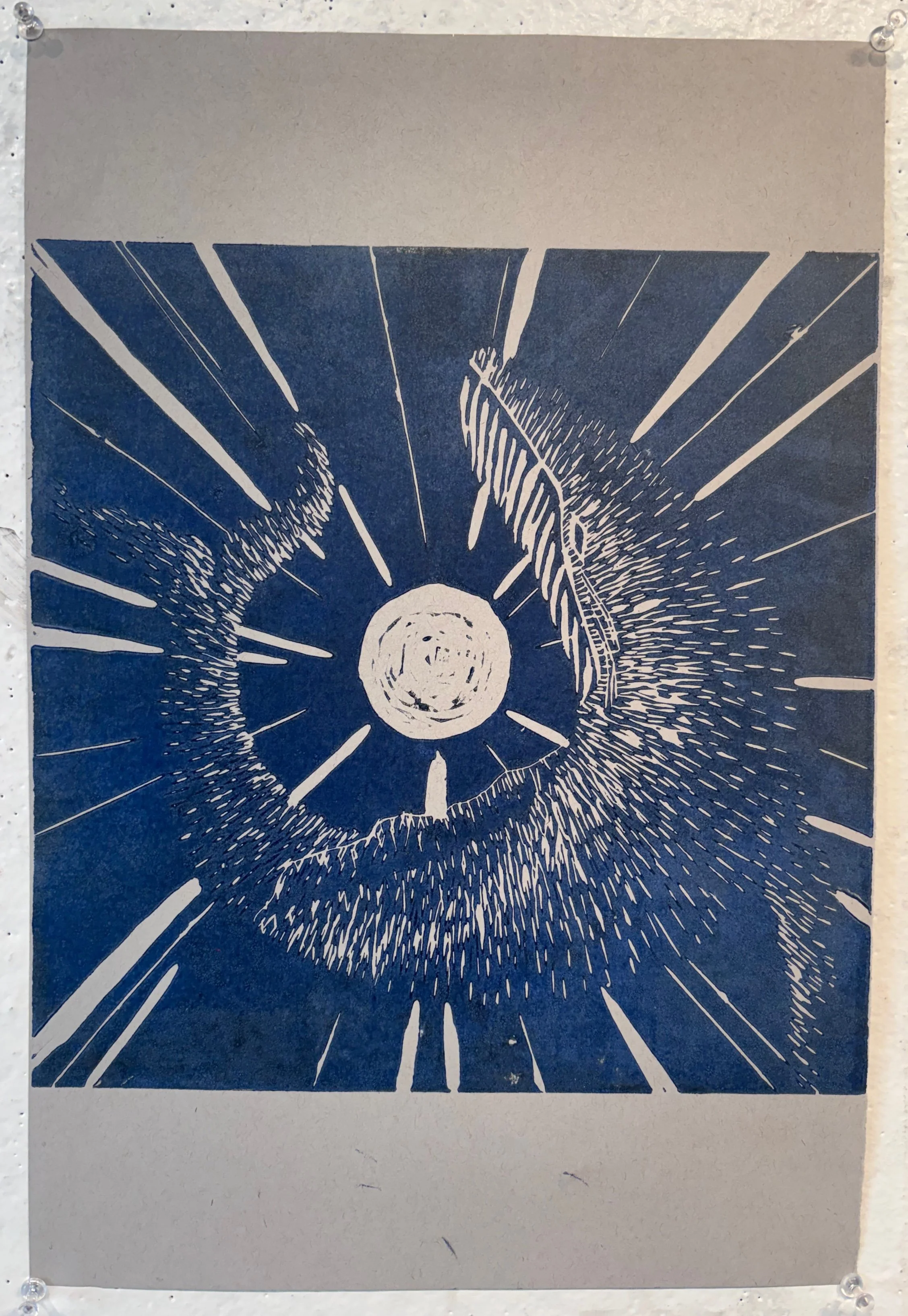 Whale Print
2025
Linoleum block print
18 x 11.75 in
So often, when working with linoleum block prints, it’s easy to just create an outline of what you want to depict. With this print, my goal was to create an image of a whale using as few outlines as