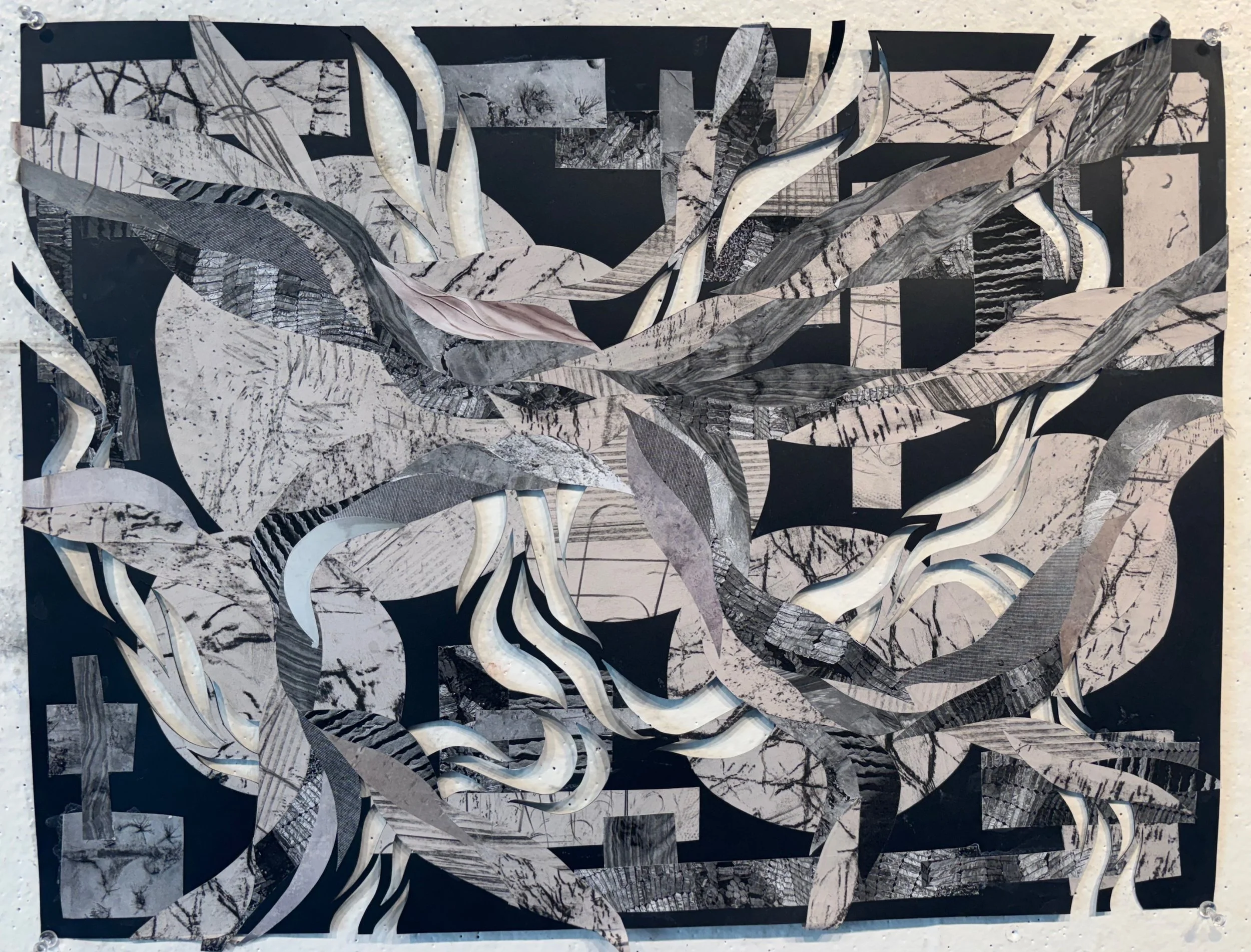 Abstraction of Textures
2025
Charcoal and collage
18 x 24 in
This is an abstraction made by using only black-and-white textures. I started this piece by going out into the world and creating rubbings of different textures I encountered using charcoal