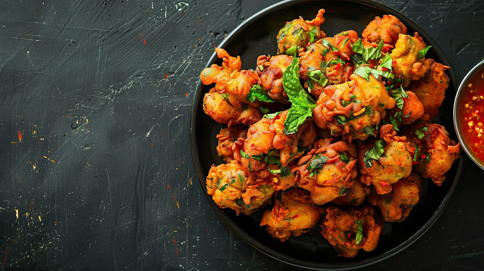 A black plate filled with crispy fried vegetable pakoras garnished with chopped green herbs, with a small bowl of spicy red chili chutney on the side.