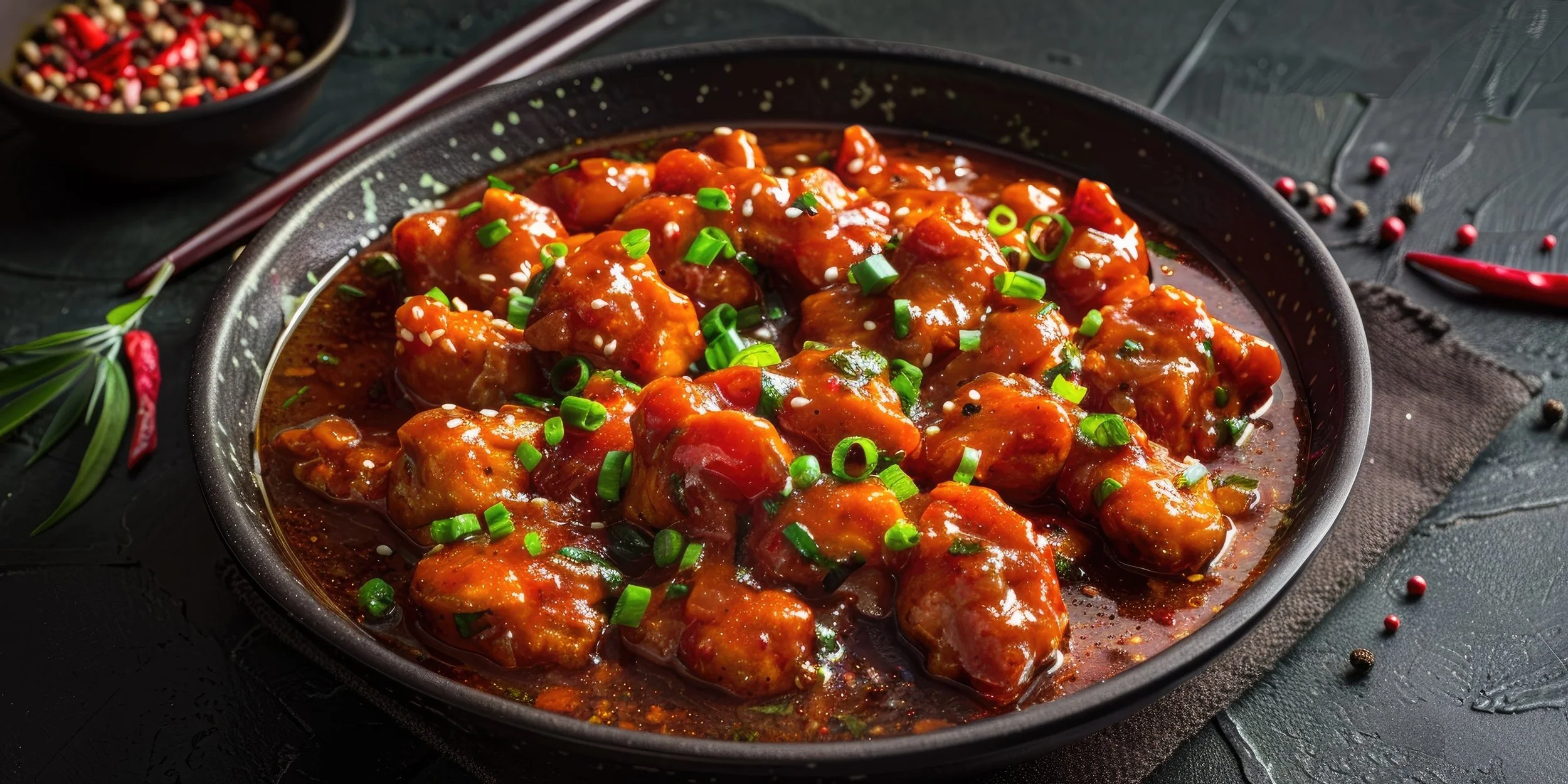Dish of glazed chicken pieces garnished with chopped green onions on a black plate