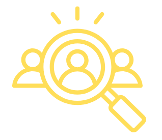 Icon of a magnifying glass examining a person among three people, symbolizing search or analysis of individuals.
