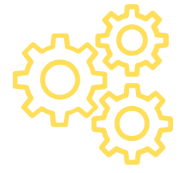 Three yellow gear icons interconnected on a black background.