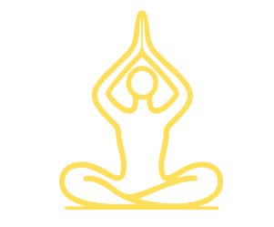 A simple yellow line drawing of a person in a yoga pose with legs crossed and hands pressed together above the head.