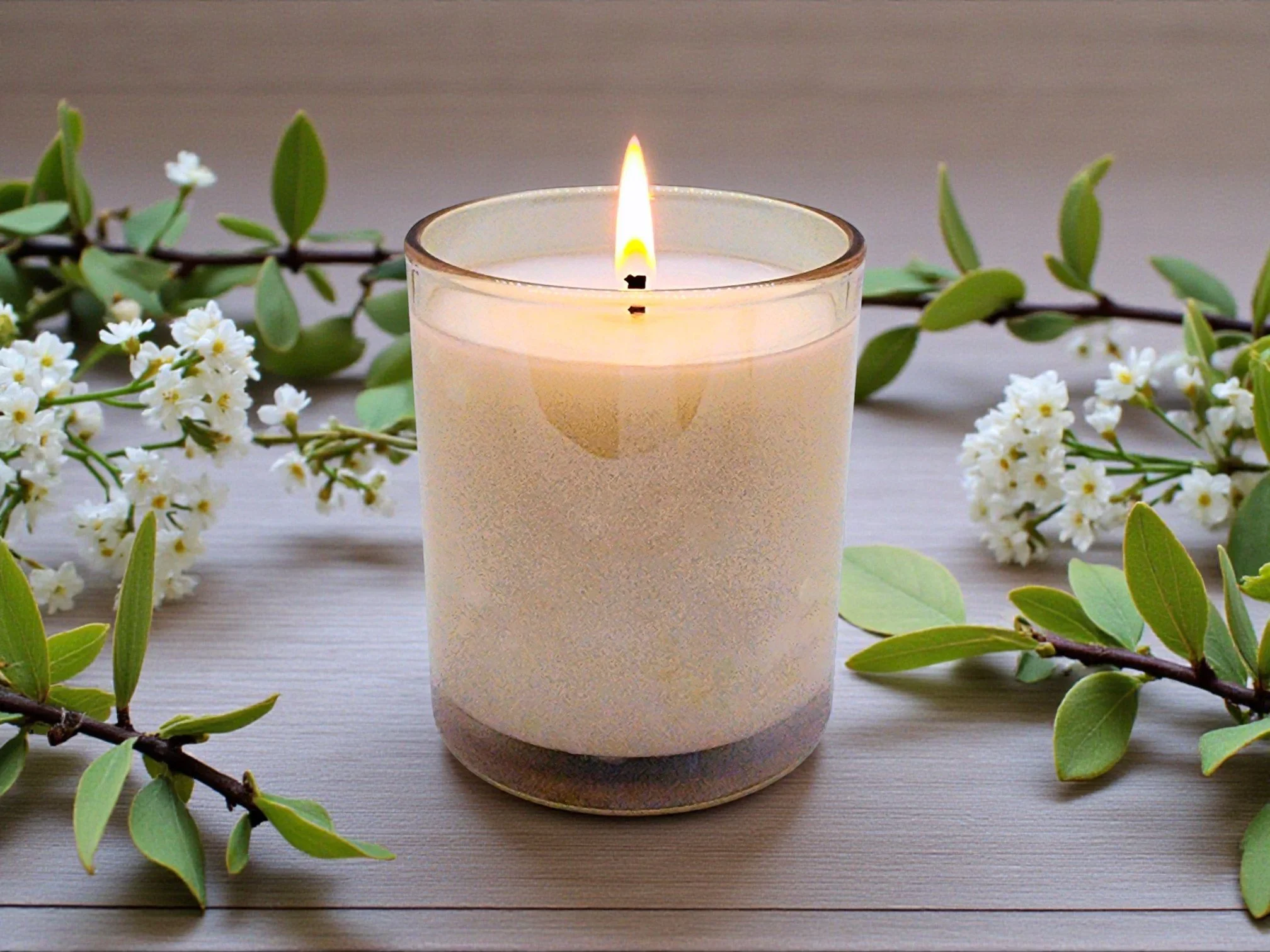 A lit white candle in a glass holder surrounded by white flowers and green leaves on a wooden surface.