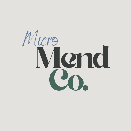 Logo with the words 'Micro Mend Co.' in stylized fonts on a light gray background.