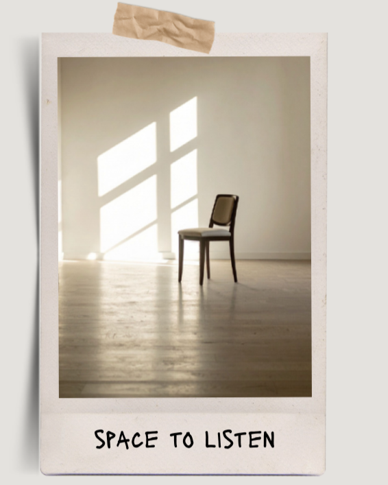 Empty room with a single chair casting shadow on the wall, sunlight coming through a window, and a caption that reads 'SPACE TO LISTEN'.