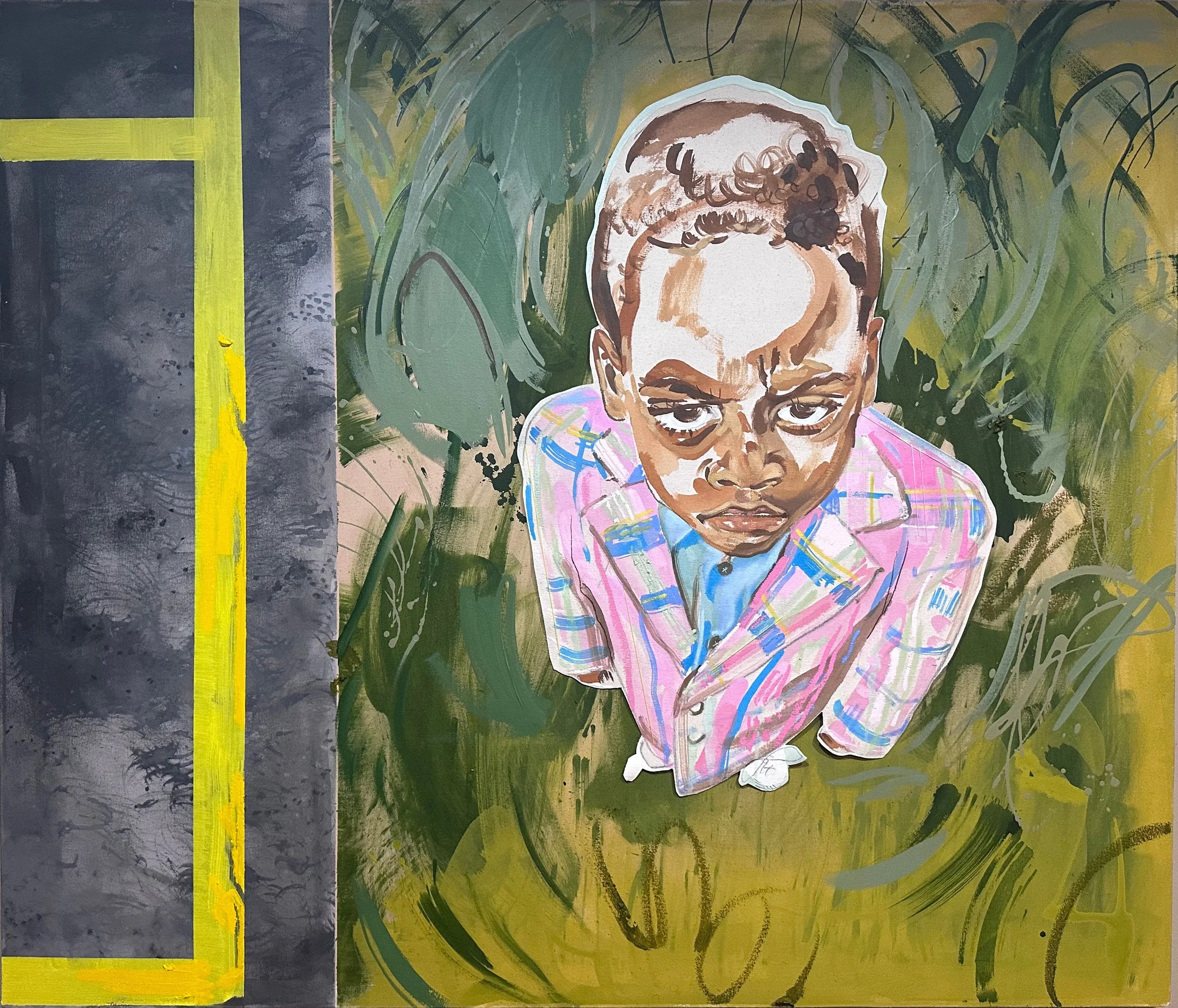 El niño del traje rosa
Shiloh Smith (2024)
Acrílico, bordado, óleo sobre lienzo