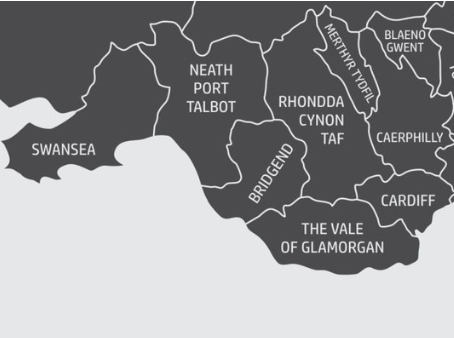 Map of parts of Wales with labeled regions including Swansea, Neath Port Talbot, Bridgend, The Vale of Glamorgan, Cardiff, Rhonda Cynon Taff, Merthy Tydfil, Blaen Gwent, Caerphilly, and Pontypridd.