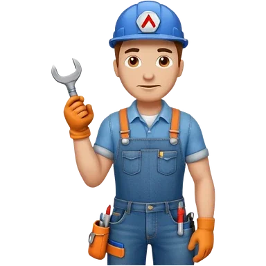 Animated male worker in blue uniform holding a wrench, wearing a safety helmet, gloves, and tool pouch.