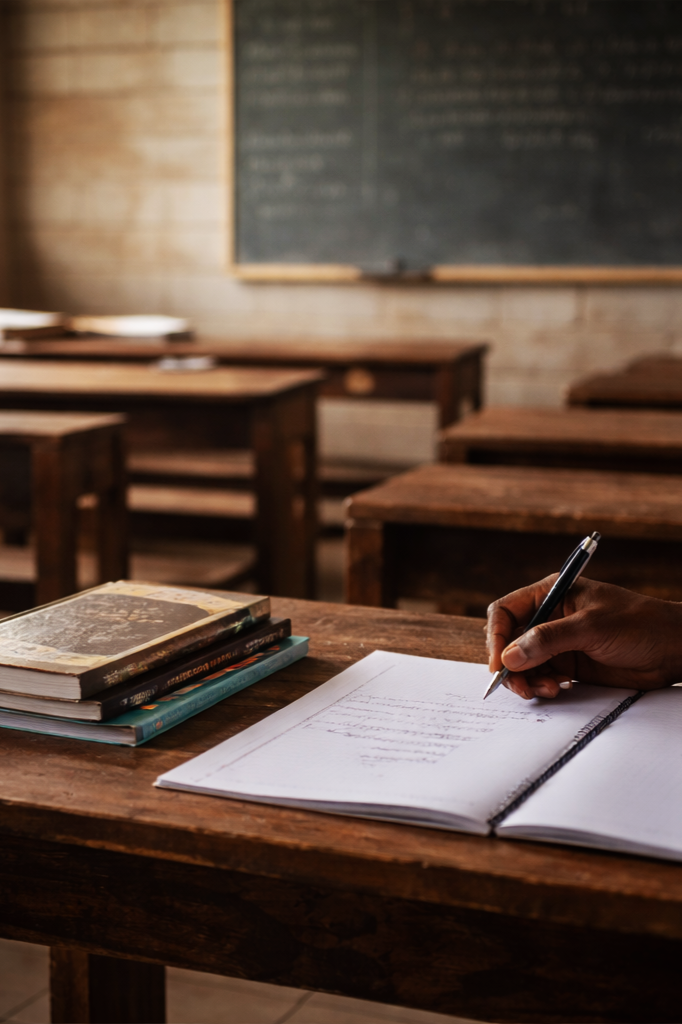 A New Era Africa,  person writing in a notebook on a wooden desk with books stacked nearby inside a classroom, with a chalkboard in the background.