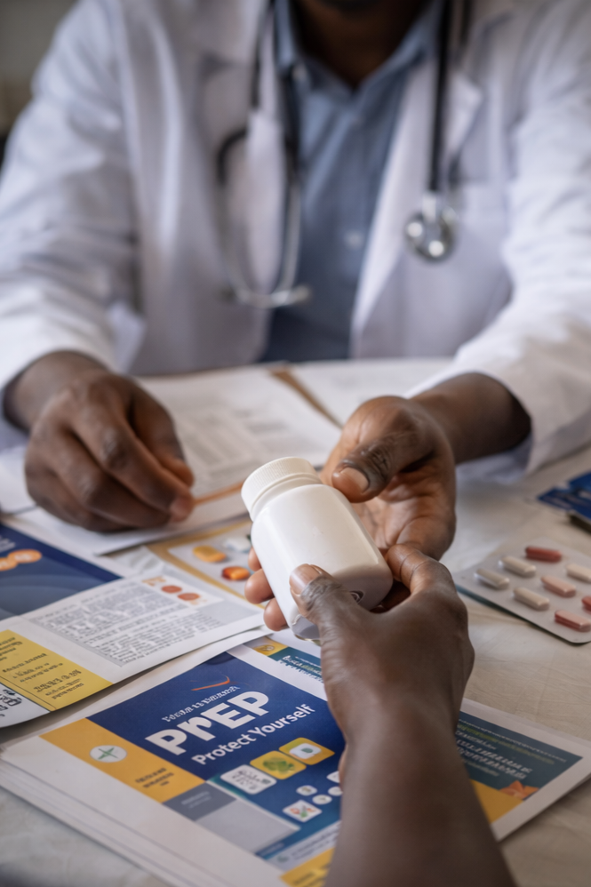 A New Era Africa,  healthcare professional handing a prescription bottle to a patient, with medication brochures and pamphlets on the table.