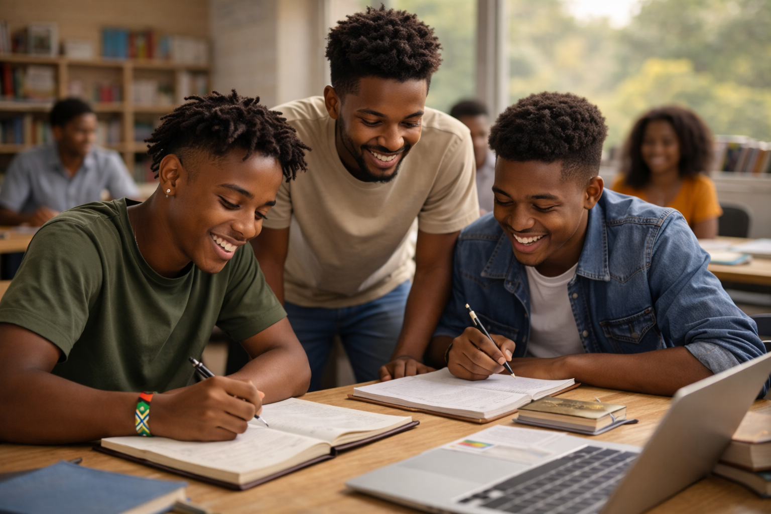 A New Era Africa, Education - Three students studying together at a desk in a library, smiling and laughing, with open books and a laptop in front of them.