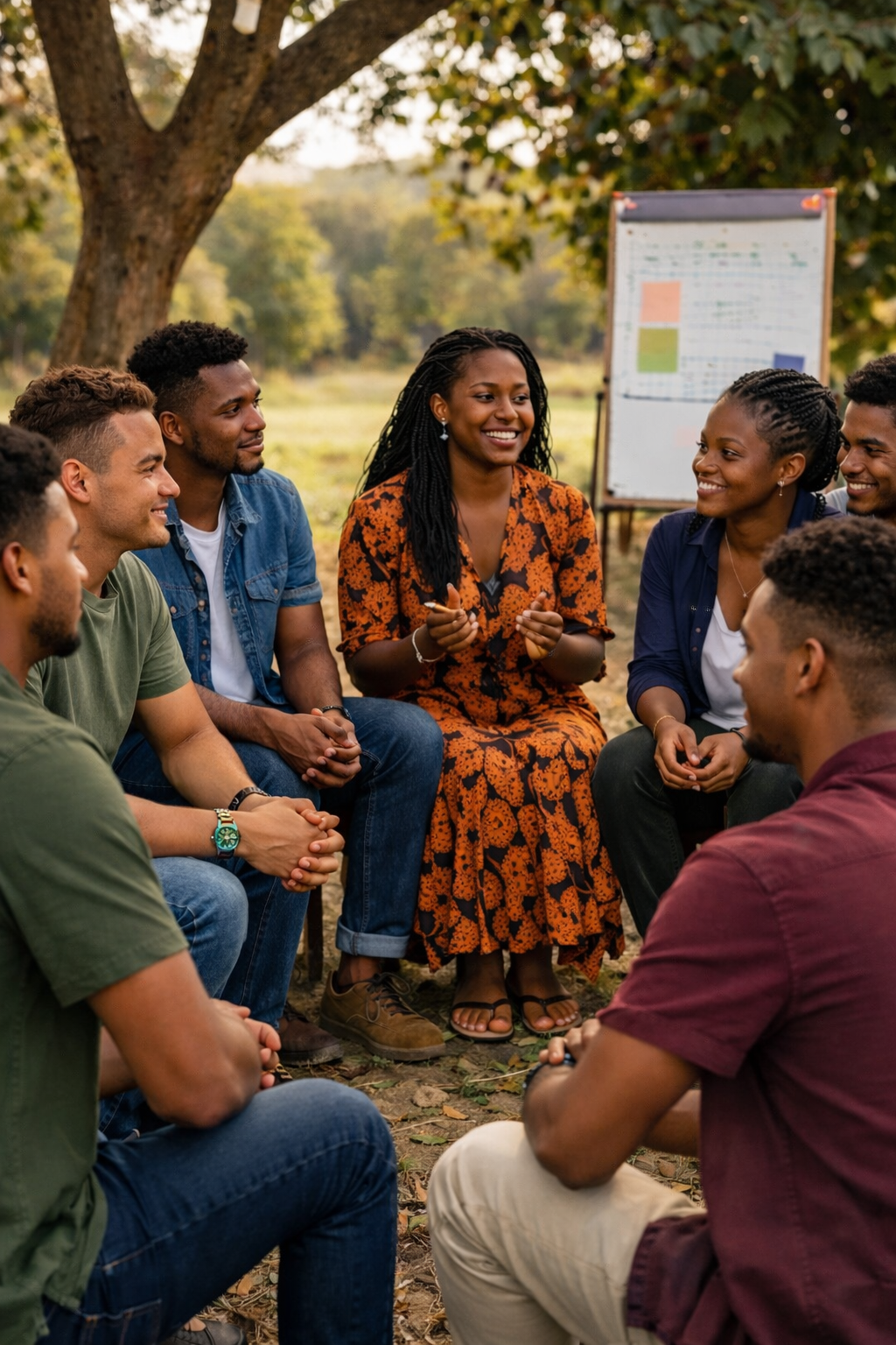 Group of people sitting outdoors in a circle, engaged in conversation, with a woman in an orange dress speaking and a whiteboard in the background.