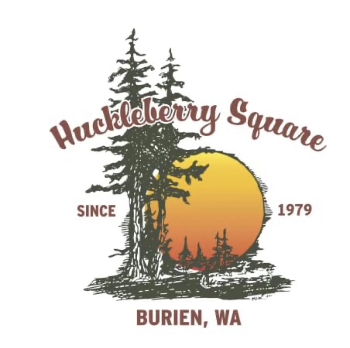 Logo for Huckleberry Square featuring pine trees and a sunset with text that reads "Huckleberry Square Since 1979, Burien, WA."