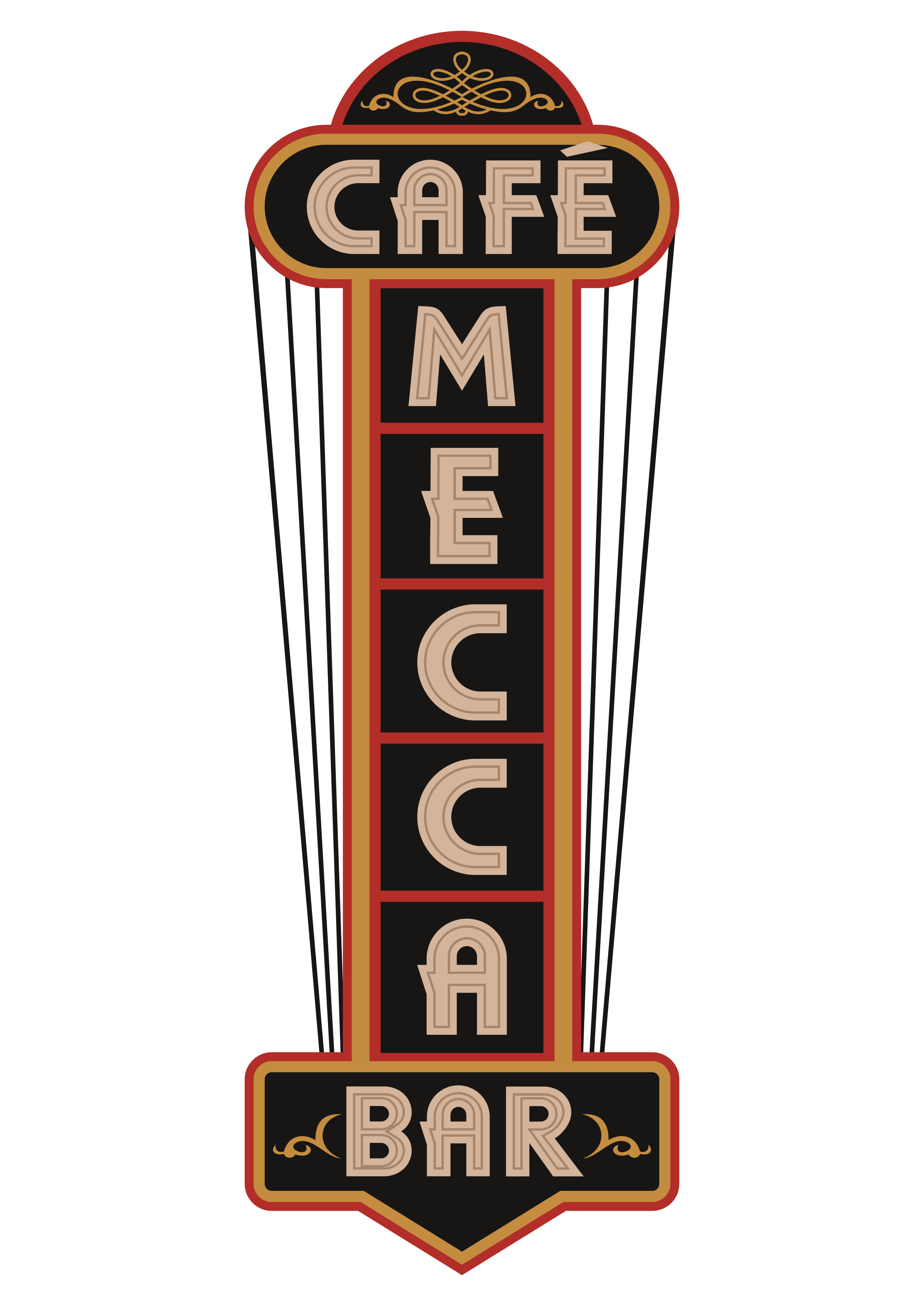 Logo for Mecca Cafe featuring a vertical neon sign with the words "Café Mecca Bar" in retro style on a black background.