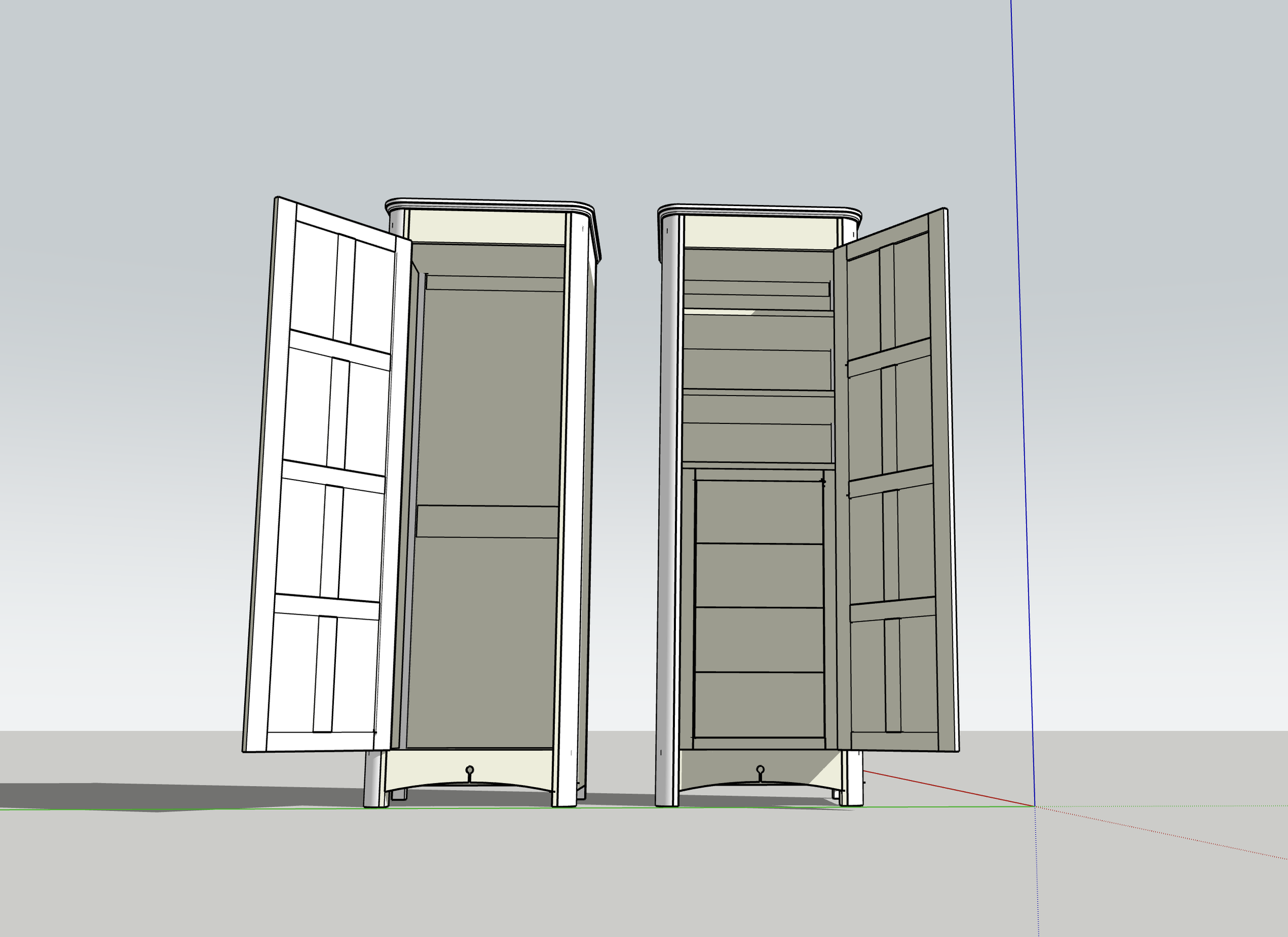 3D CAD development of a pair of bespoke freestanding wardrobe with 8 panel doors  and curved edge detailing