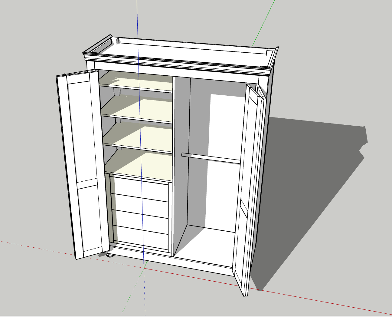 3D CAD development of a double free standing wardrobe with bi-fold doors and interior hanging and drawers