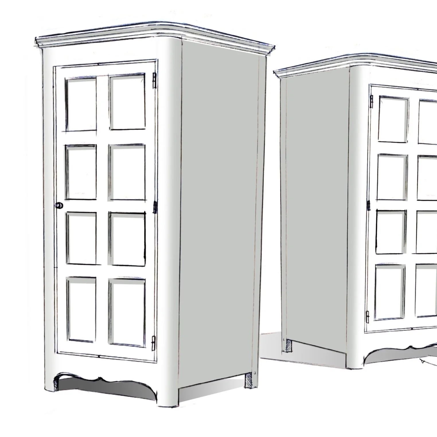 Sketch of a bespoke freestanding wardrobe with 8 panel doors  and curved edge detailing