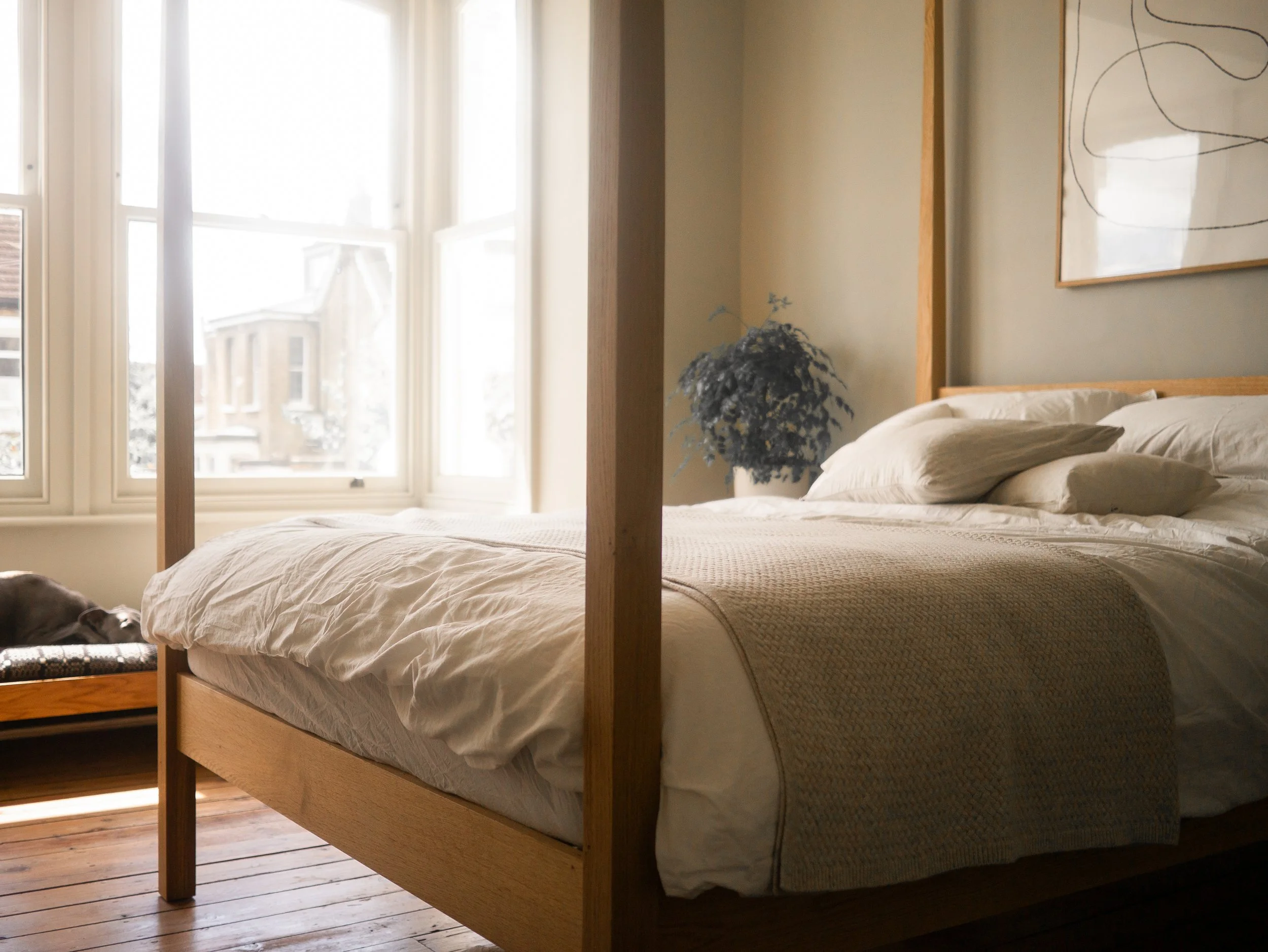 Contemporary bespoke solid oak four poster king sized bed