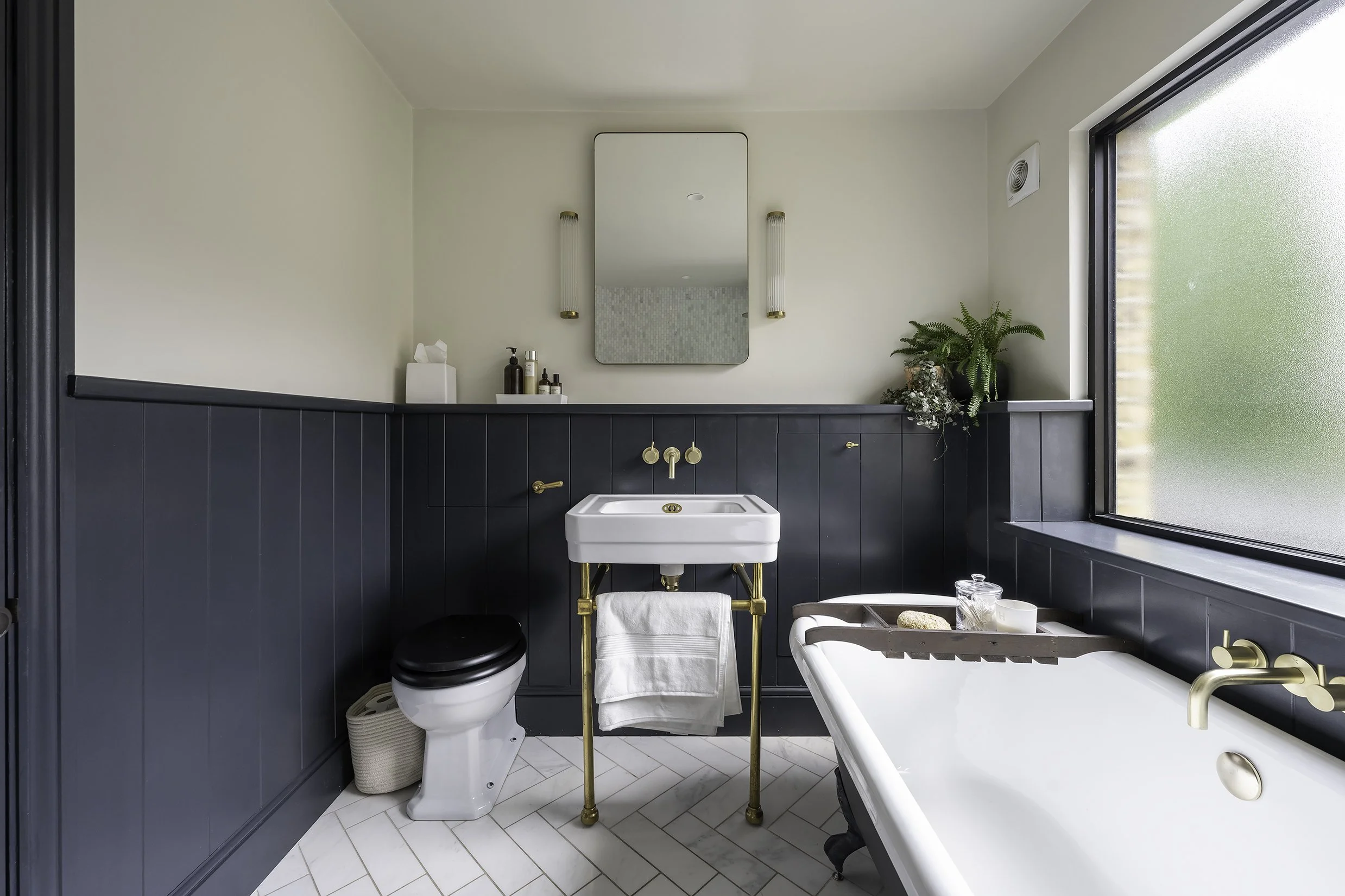 Victorian tongue and groove panelled bathroom CNC cut finished in Farrow & Ball Railings
