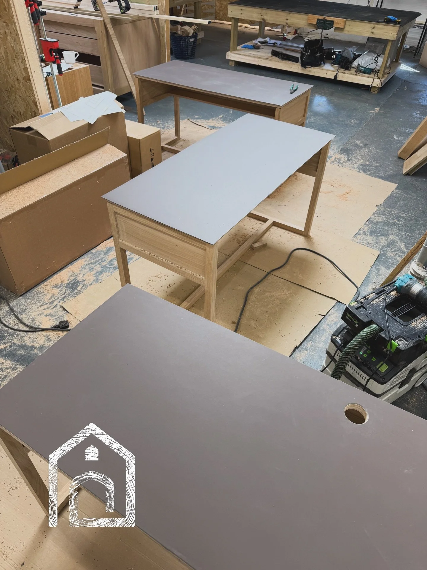 Three of our &lsquo;Dedham&rsquo; style desks being detailed ready for oiling for our friends at @simonburkedesign going to go into their new office. 

Wrap around modesty panels, hidden storage and cable management. 

Solid European oak legs
Birch p