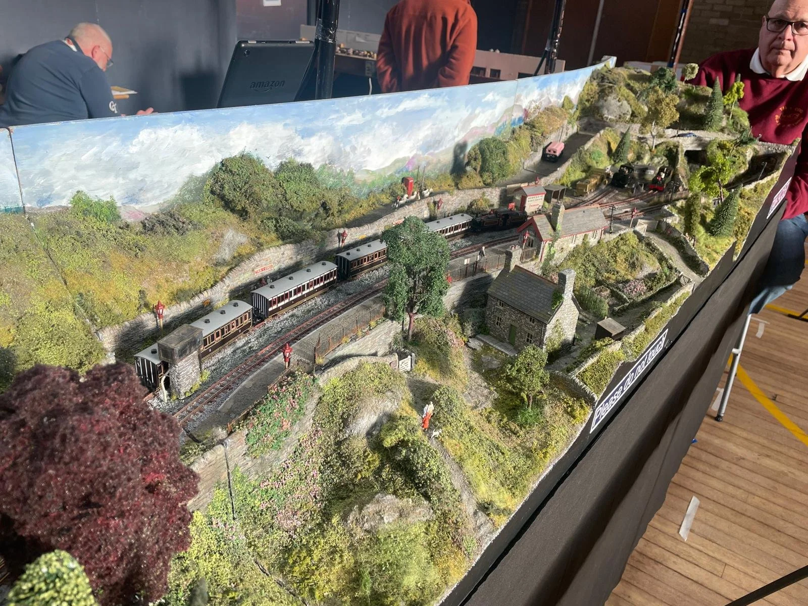 Detailed model train display in a landscape setting with trees, small buildings, and tracks, featuring vintage style train cars.