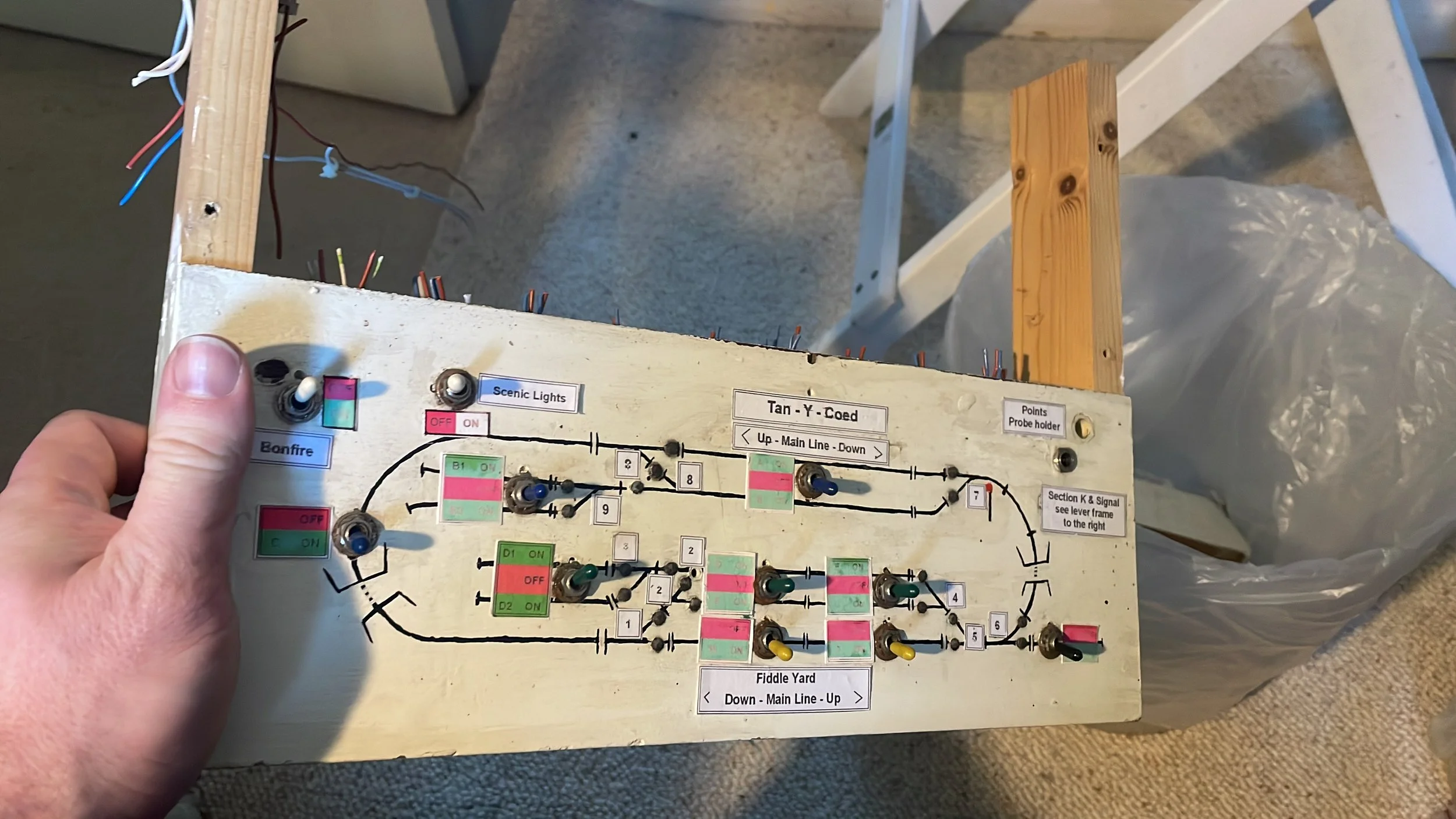 Miniature train switch control panel with switches, circuit diagrams, and labels.