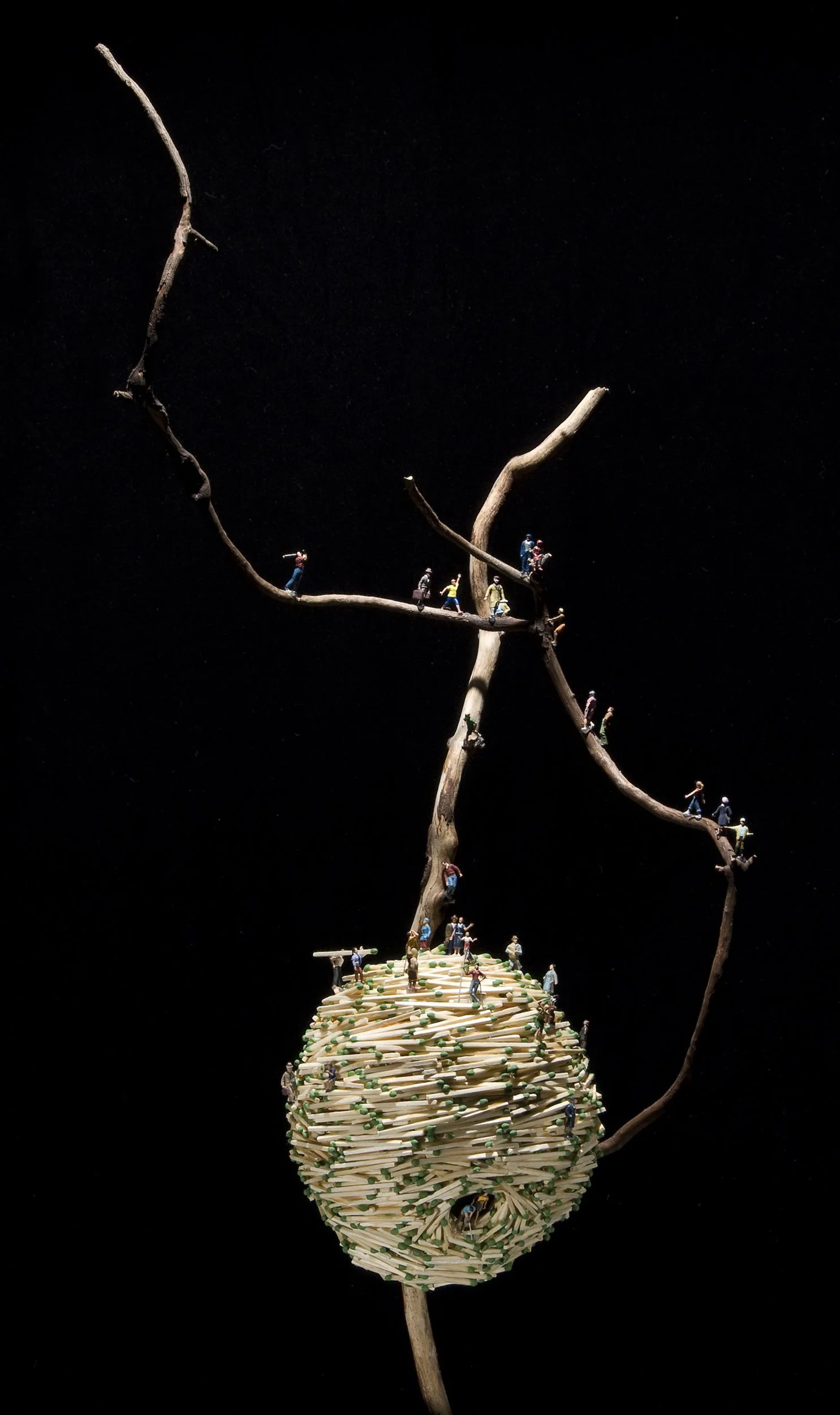 NEW GROWTH, wood matchsticks, driftwood, wood glue, scale-model figures, 33"h x 15"w 6.5"d, 2010,  Flash Point Series  