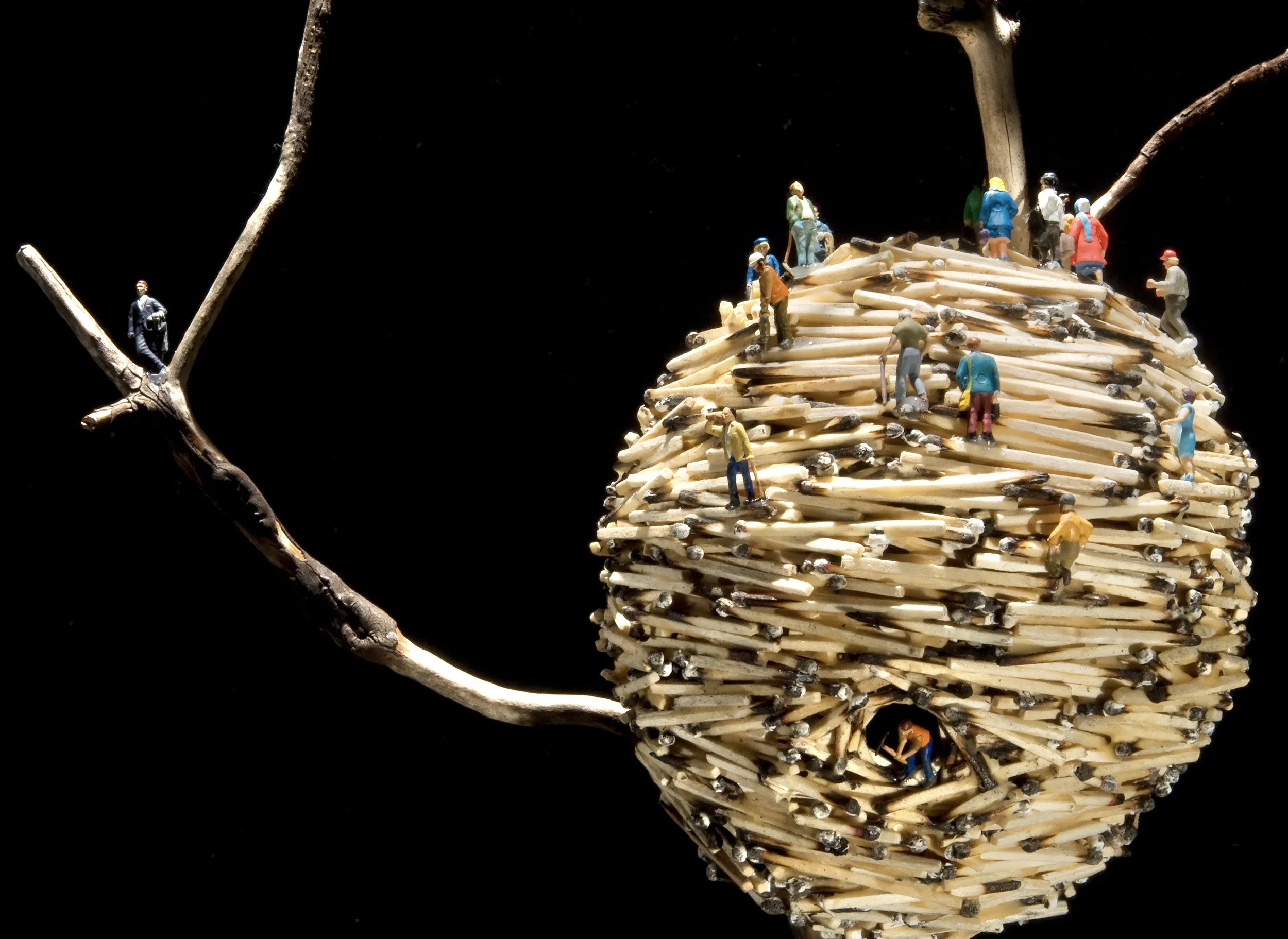 OLD GROWTH, DETAIL 1, wood matchsticks, driftwood, wood glue, scale-model figures, 21"h x 12"w 9.5"d, 2010,  Flash Point Series  