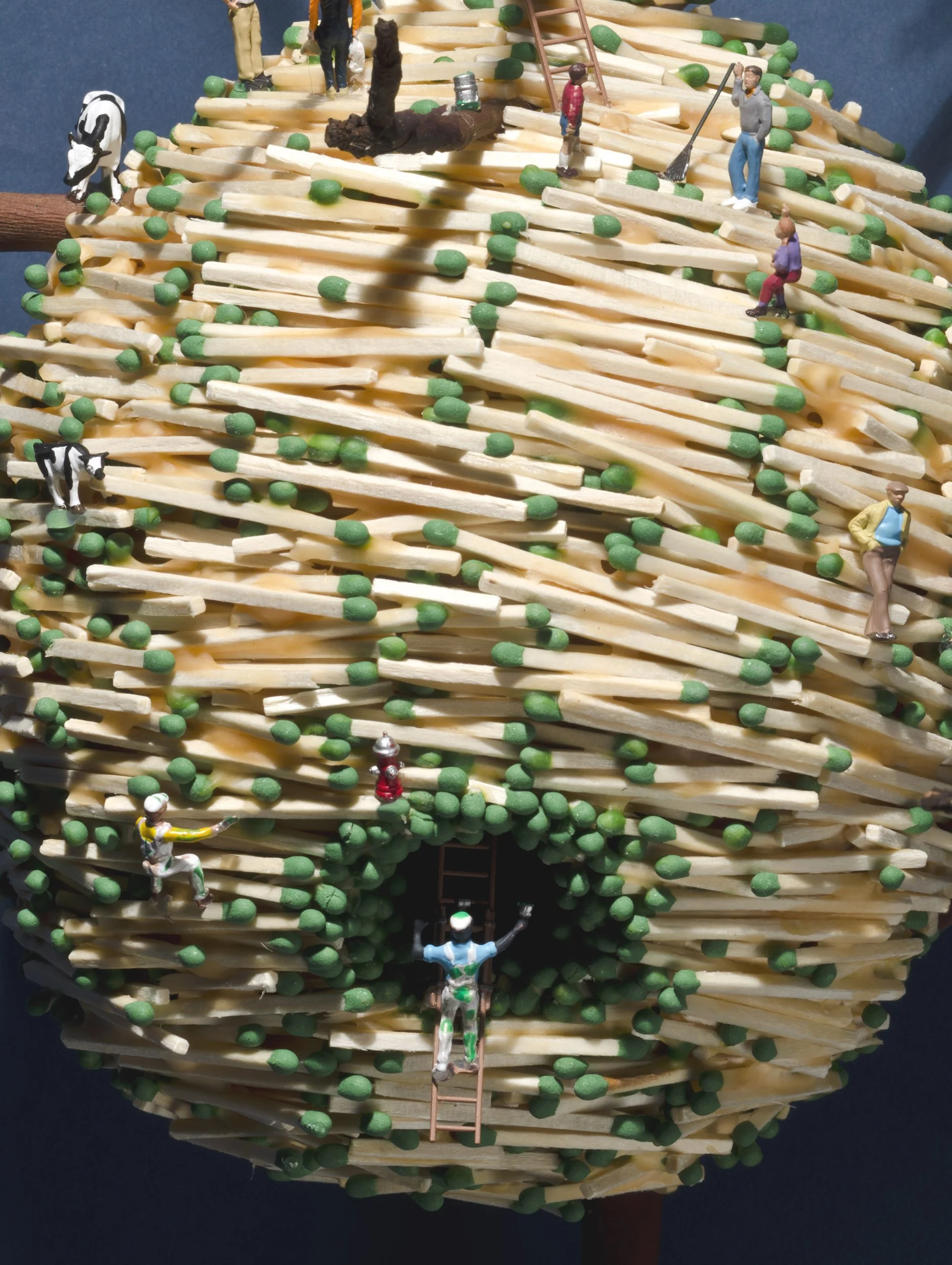 THE GREENING OF AMERICA-detail 2, wood matchsticks, madrone twig, and scale model figures, 18 h x 26 w x 8 d, 2013,  Flash Point Series  