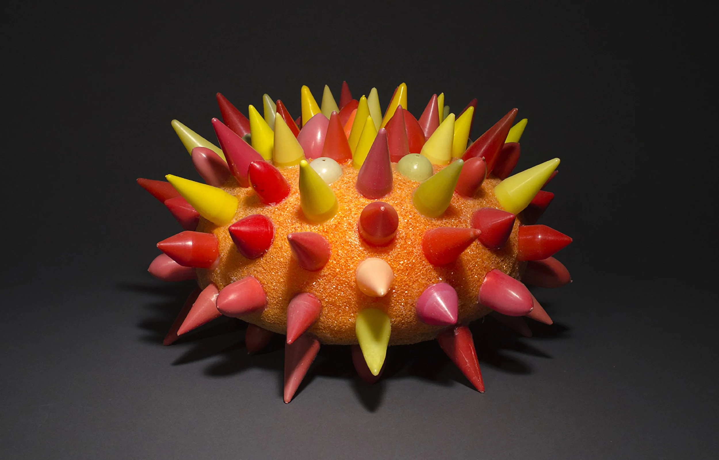 AMERICAN SEA URCHIN I, beach-found plastic-bottle-rocket nose-cones, floatation foam, 7" x 12", 2011-2012