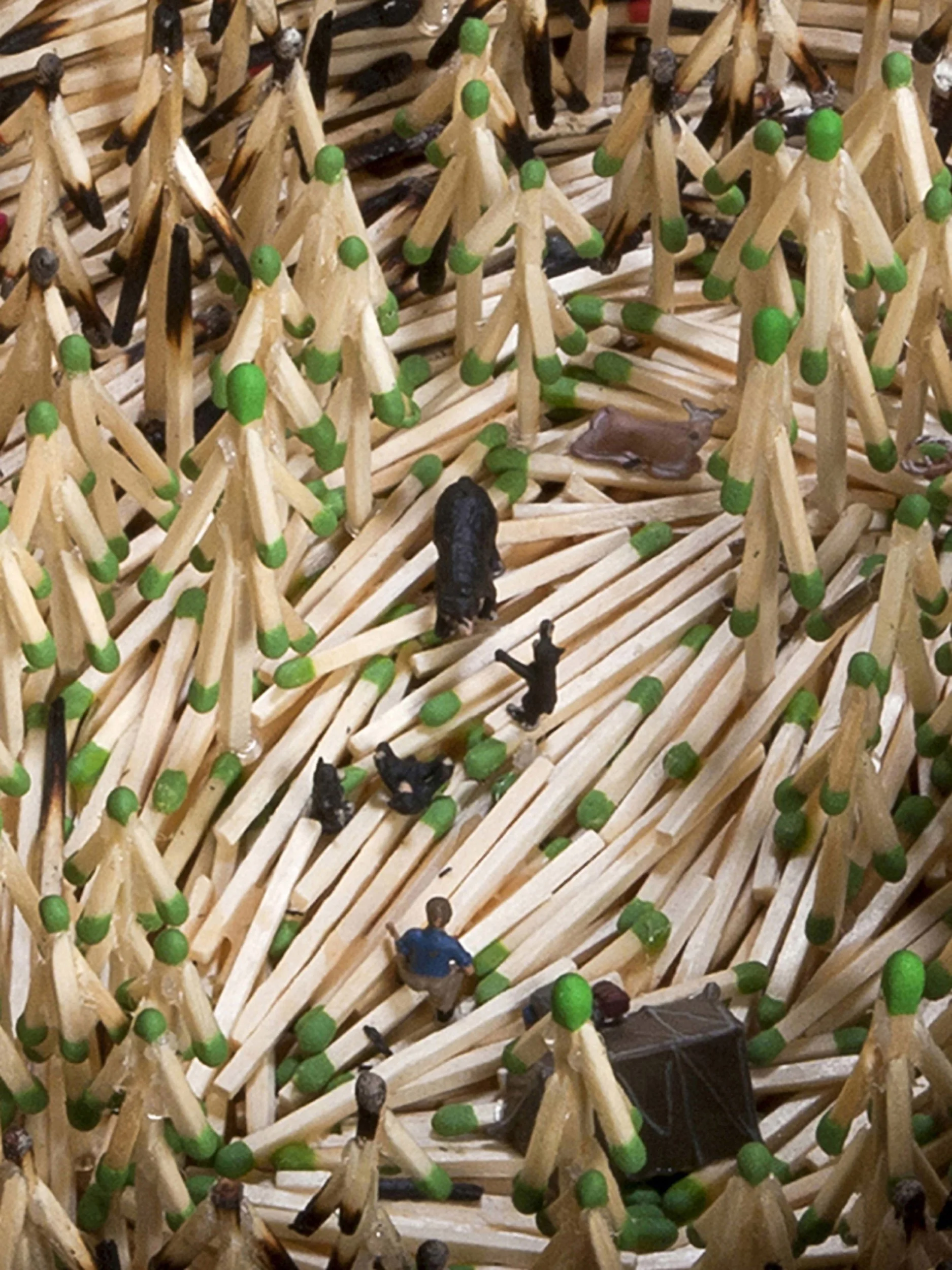 HANDBASKET, DETAIL 2, wood matchsticks, wood glue, scale-model figures, 15" x 11" x 12", 2011,  Flash Point Series  