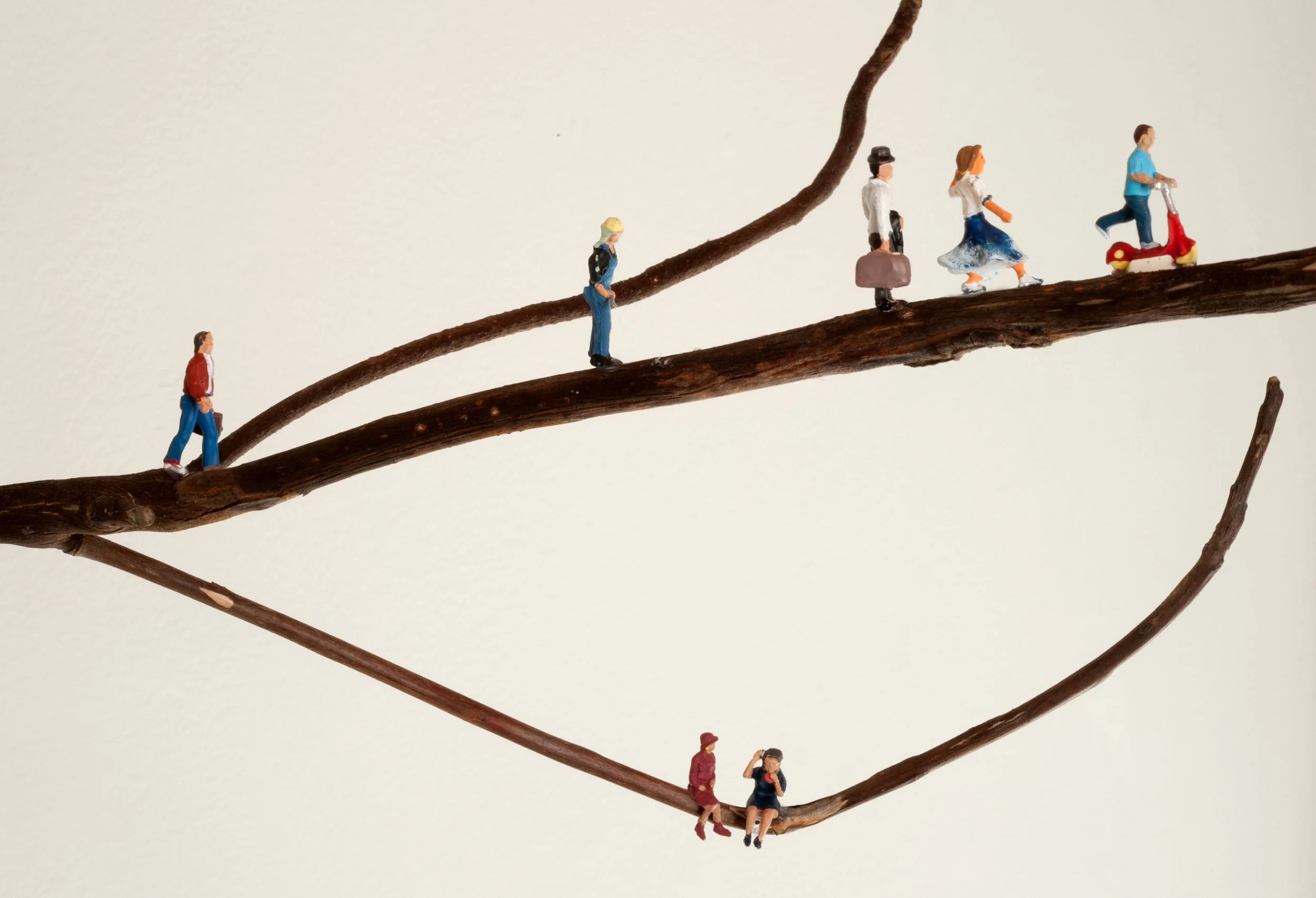 OUT ON A LIMB, DETAIL 4, wood matchsticks, madrone branch, scale-model figures, 18"h x 18"w x 12"d, 2011,  Flash Point Series  