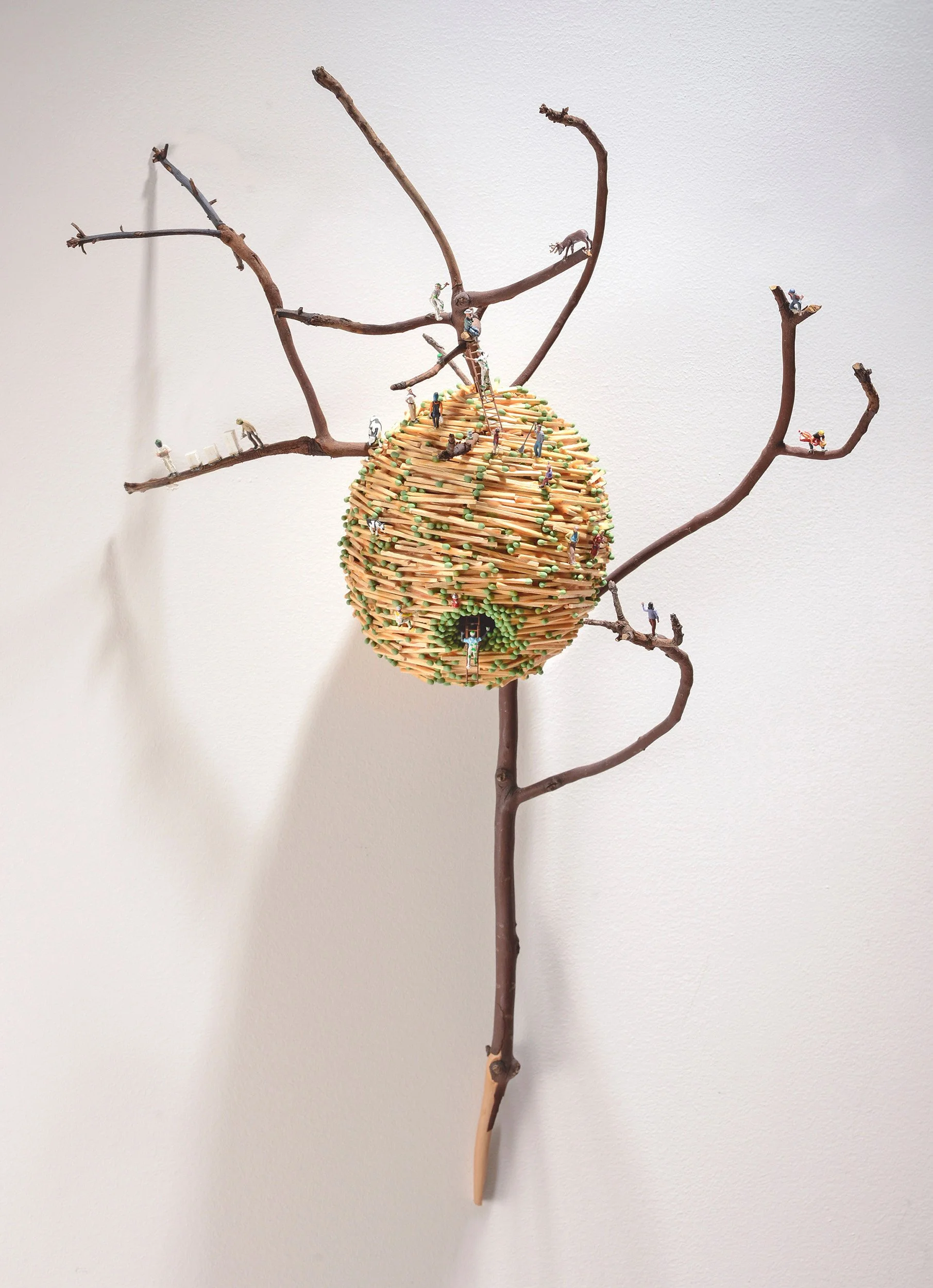 THE GREENING OF AMERICA, wood matchsticks, madrone twig, and scale model figures, 18 h x 26 w x 8 d, 2013,  Flash Point Series  