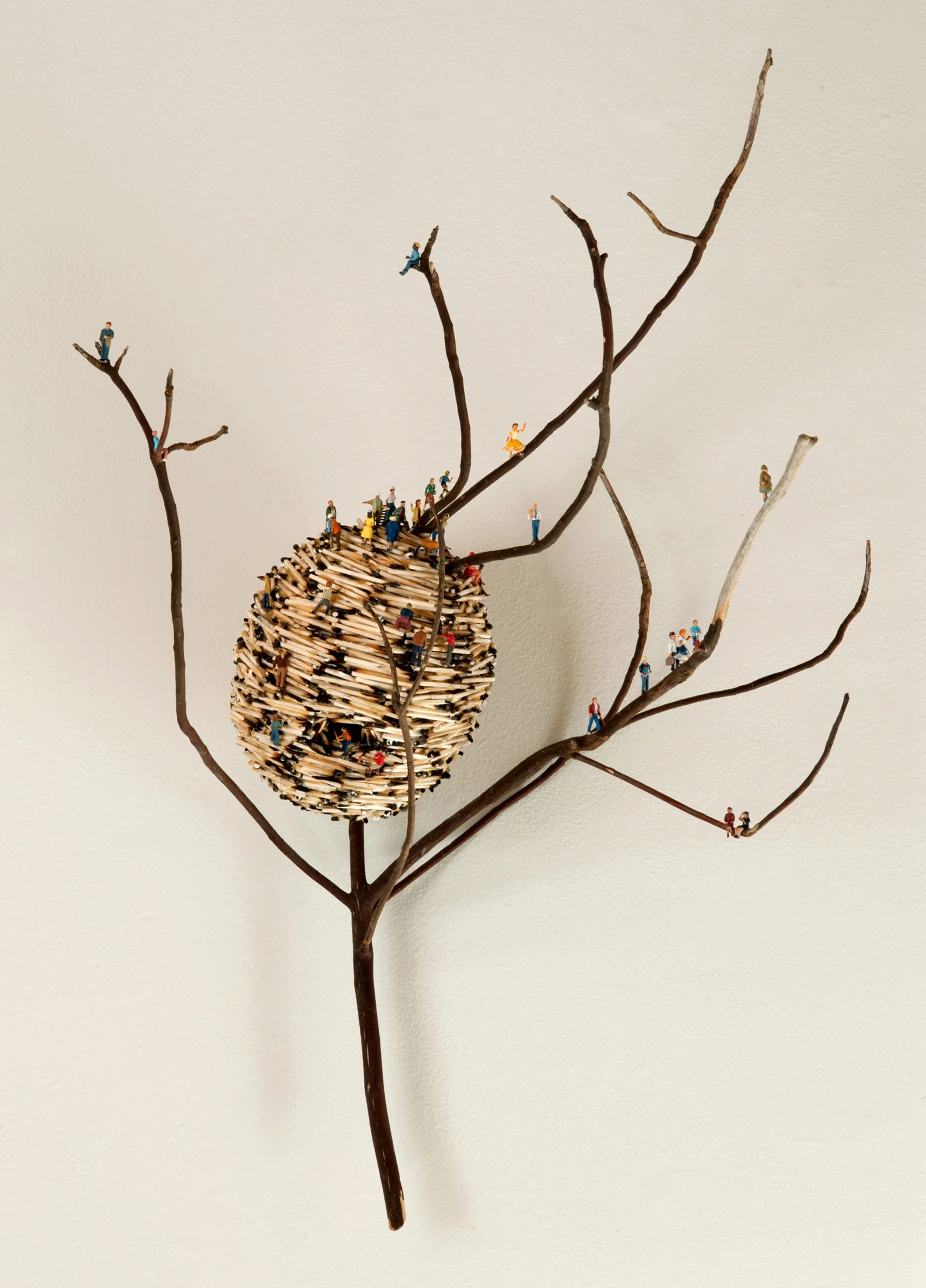 OUT ON A LIMB, wood matchsticks, madrone branch, scale-model figures, 18"h x 18"w x 12"d, 2011,  Flash Point Series  