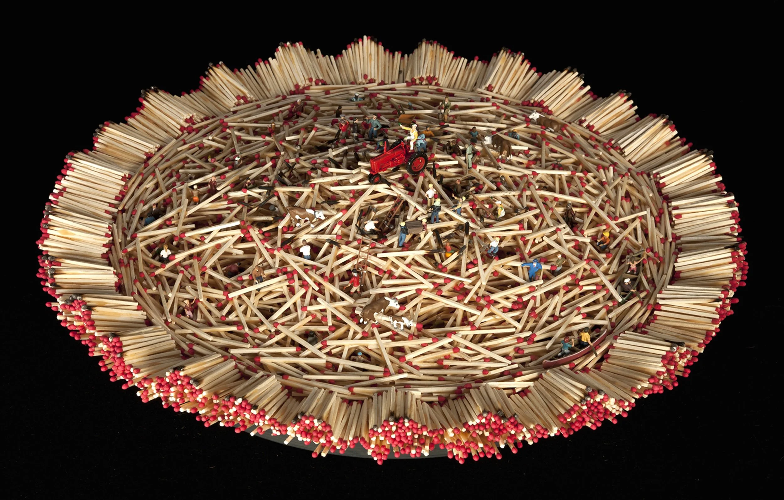 AMERICAN PIE, wood matchsticks, miniature figures, aluminum pan, 3.5"h x 19" diam, 2011,  Flash Point Series  