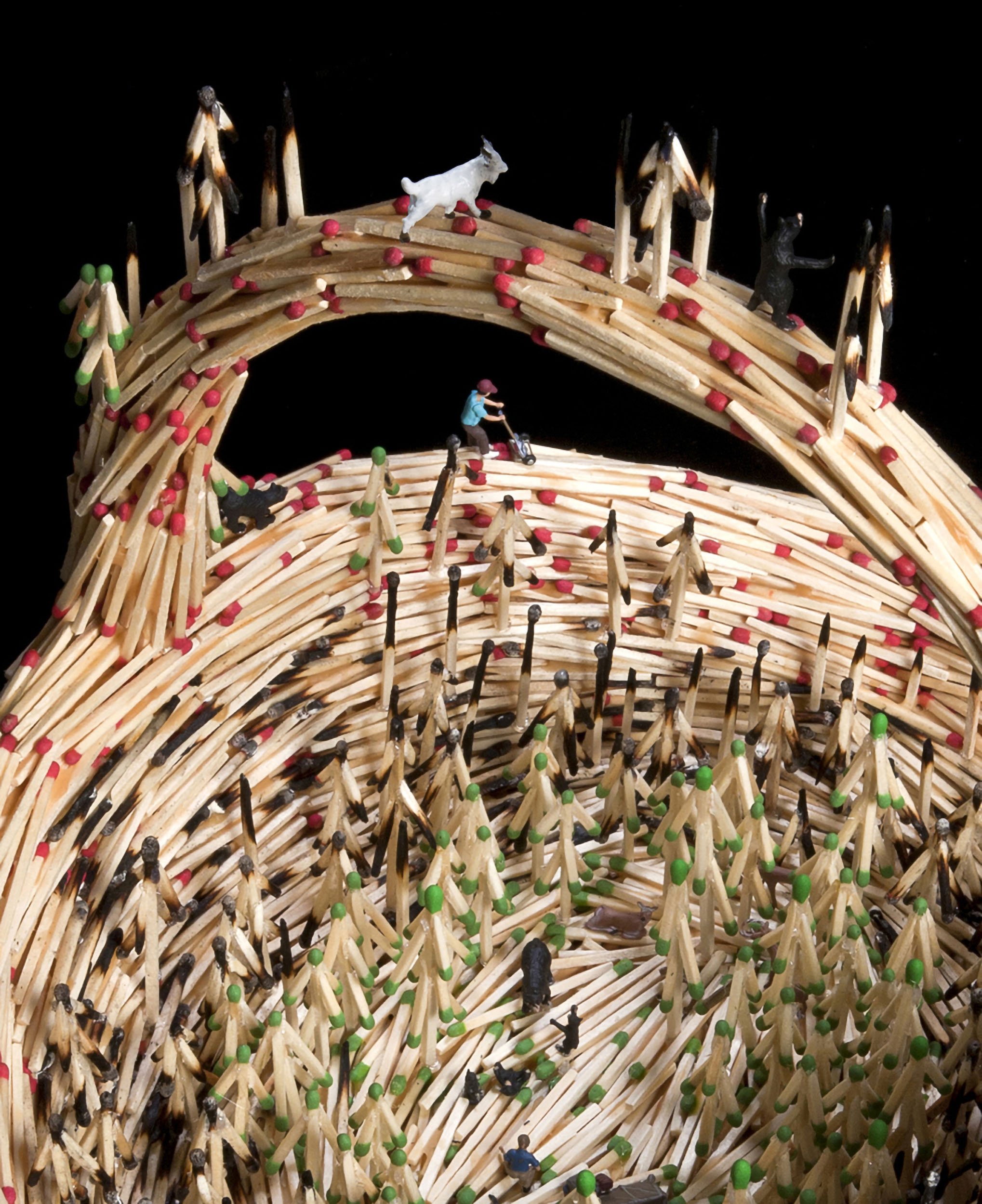 HANDBASKET, DETAIL 1, wood matchsticks, wood glue, scale-model figures, 15" x 11" x 12", 2011,  Flash Point Series  