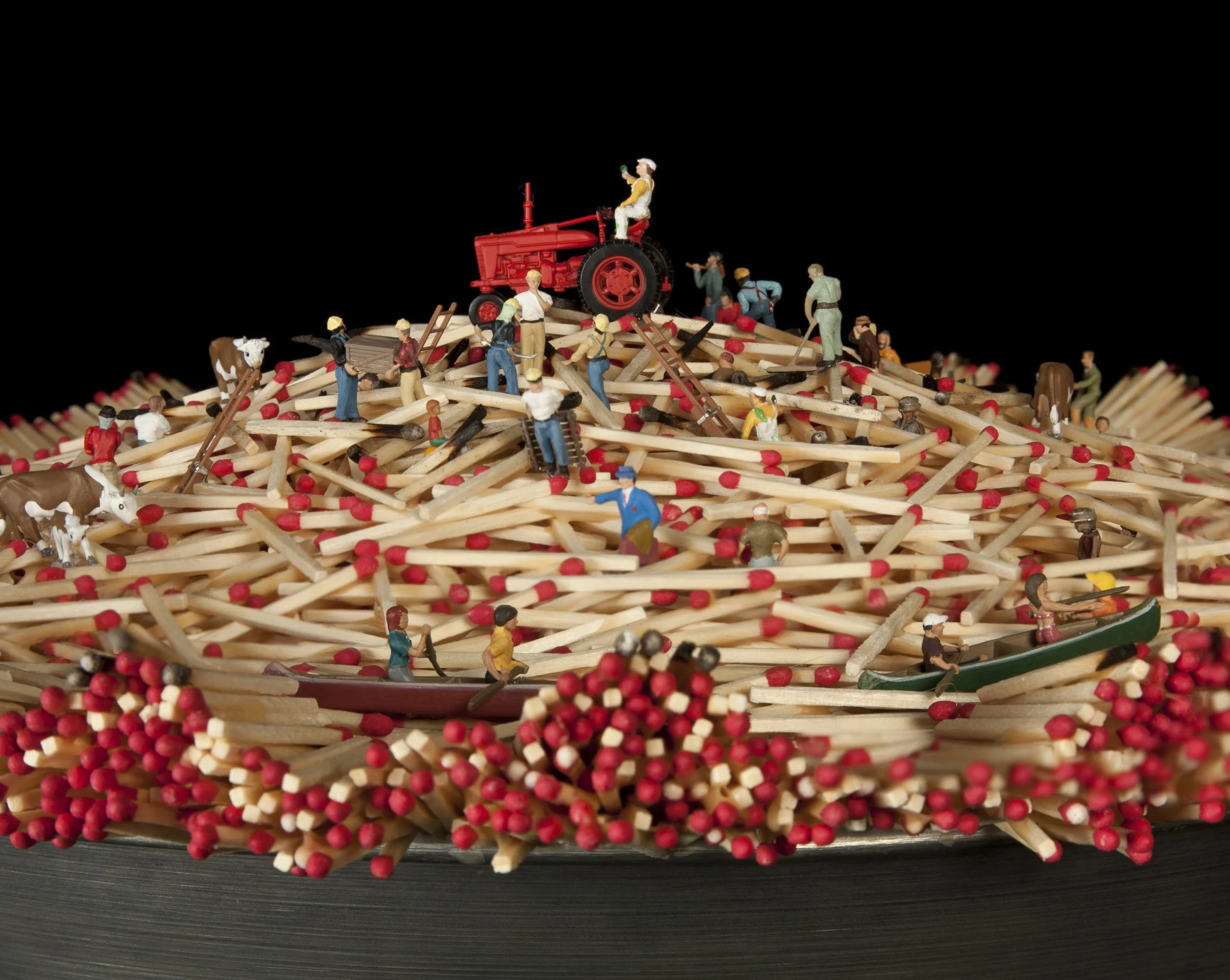 AMERICAN PIE, DETAIL, wood matchsticks, miniature figures, aluminum pan, 3.5"h x 19" diam, 2011,  Flash Point Series  